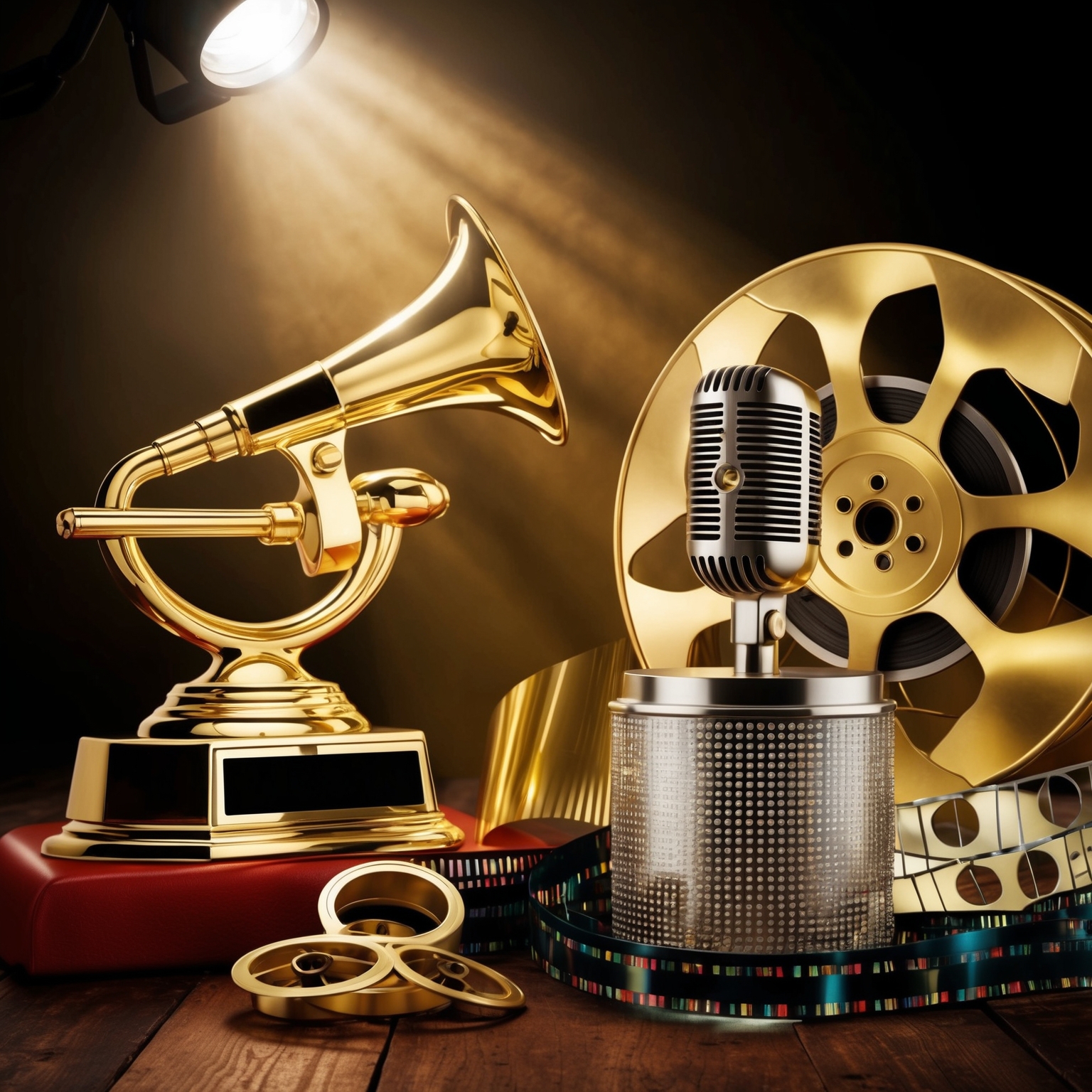 A vintage 90s music award ceremony with a spotlight on a golden trophy, a microphone, and a retro film reel, capturing the essence of a celebrated music award event from the era.