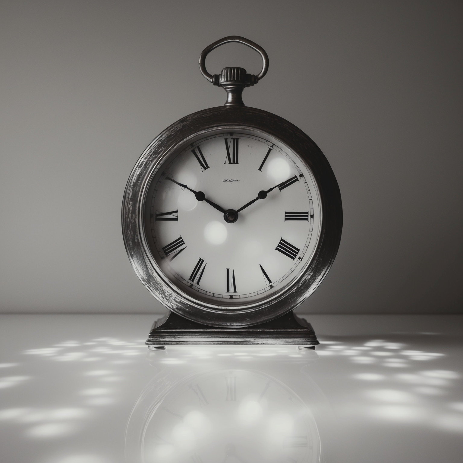 A monochromatic scene capturing a vintage clock with an overlay of subtle lighting effects, reminiscent of a dreamlike atmosphere, embodying themes of nostalgia and reflection in a minimalist style.