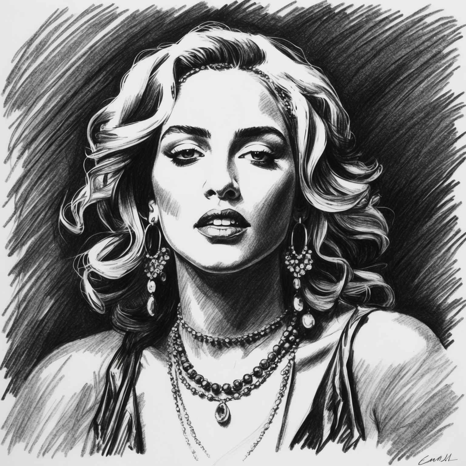 Create a charcoal, stylistic drawing of Madonna with a half-finished feel, capturing her essence during the 