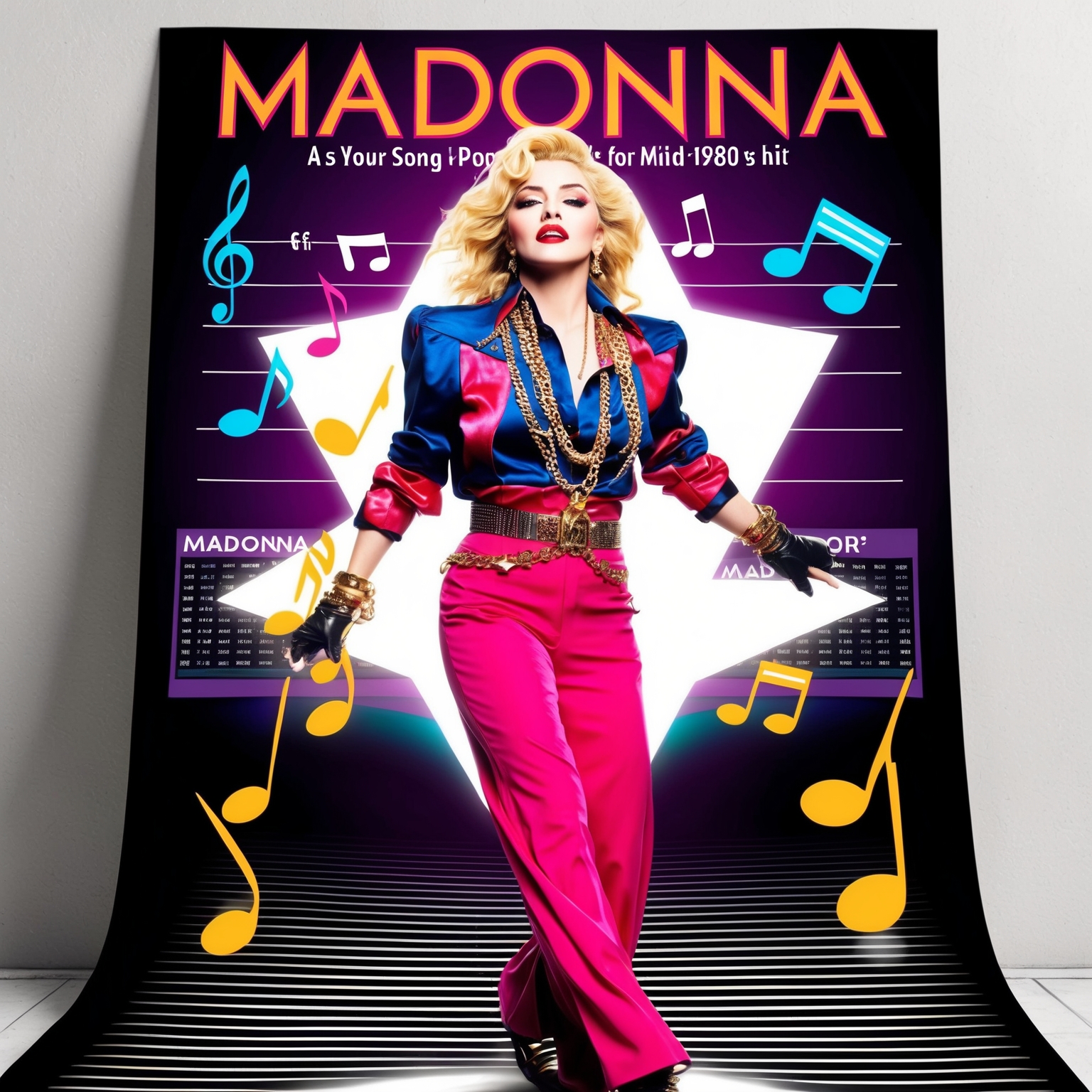 An artistic representation of Madonna in the mid-1980s, embodying the vibrant and bold fashion of the era with signature pop star flair. The design should capture the energy of a chart-topping hit, featuring musical notes and a stylized Billboard chart backdrop, illustrating the song