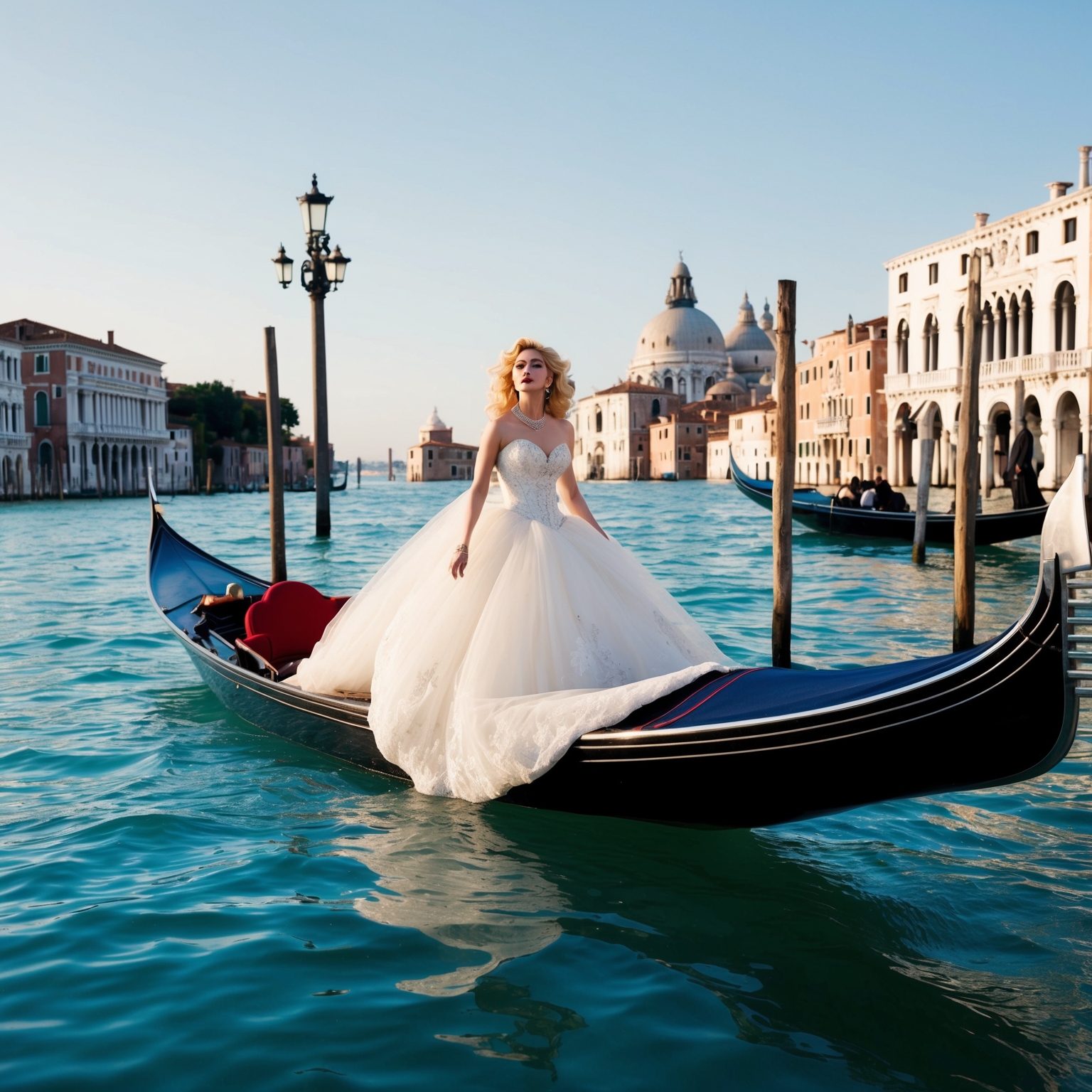 A dynamic music video setting featuring Madonna in a bridal gown, floating in a Venetian gondola with the classic landscape of Venice, including canals and historic architecture in the background. The scene should convey themes of rebirth and purity, reflecting the essence of both the song and its powerful music video.