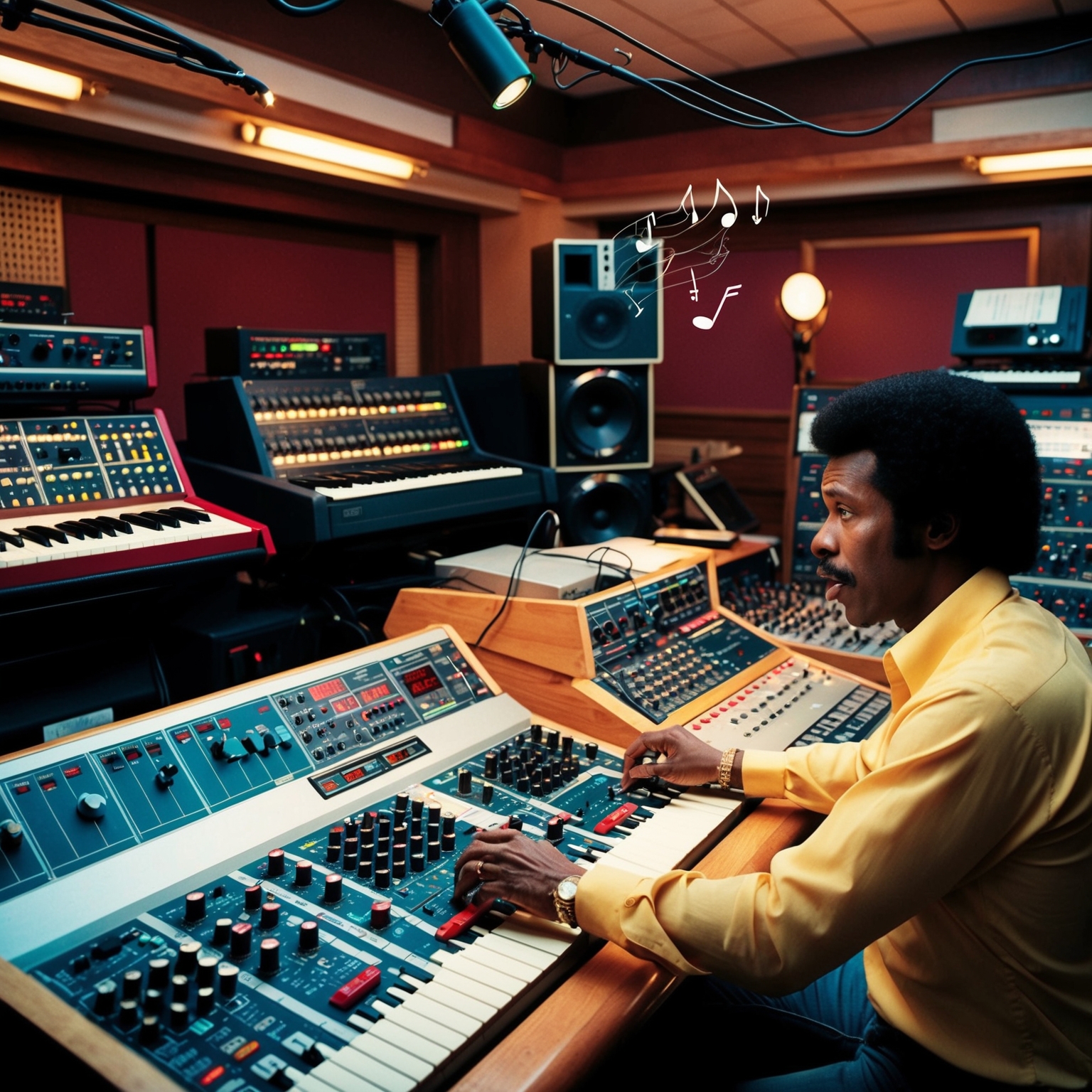 An iconic recording studio from the 1980s with synthesizers, drum machines, and a mixing console. Nile Rodgers is seen at the mixing board, fine-tuning a track. It