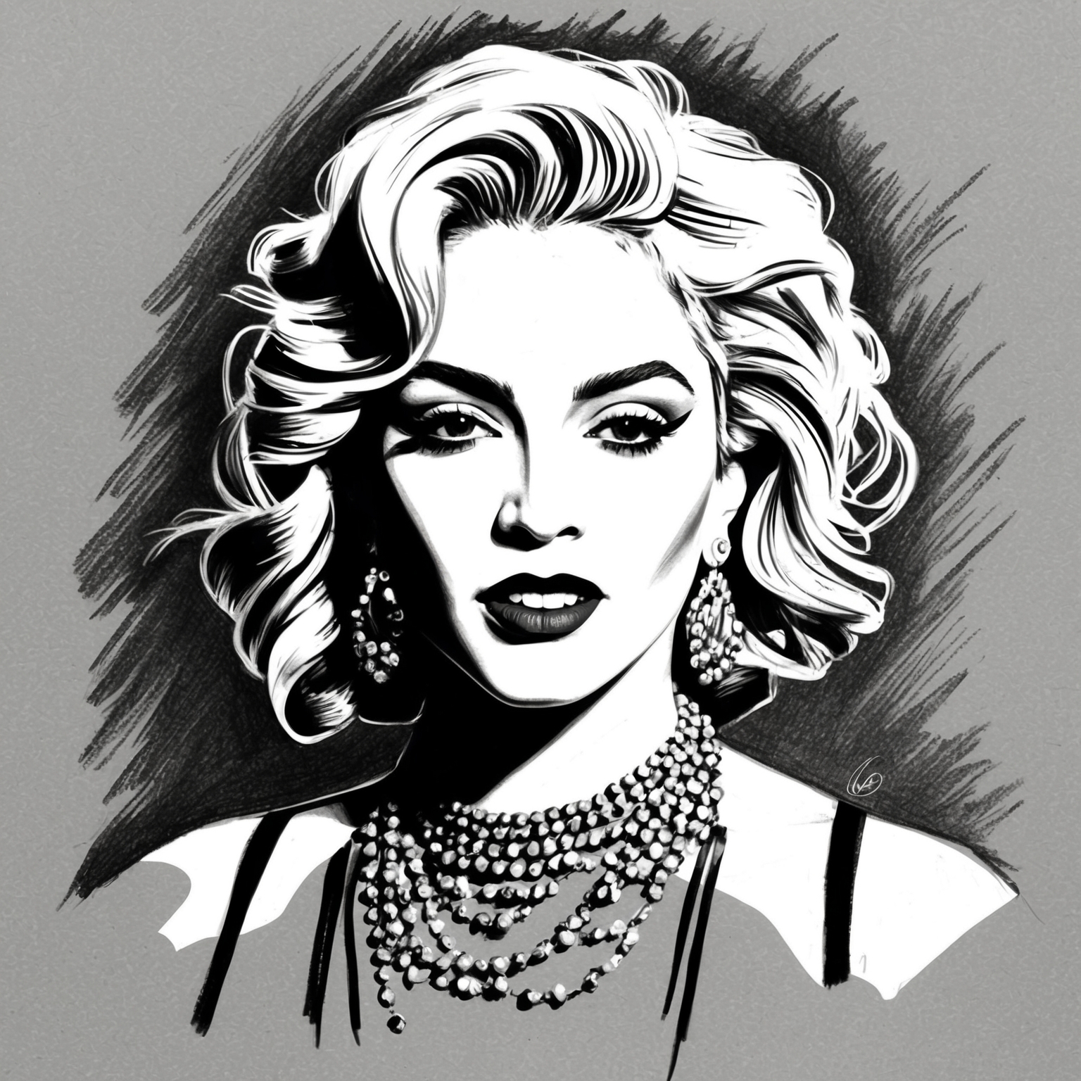 Create a stylized charcoal drawing of Madonna, focusing on a black and white portrait with a half-finished feel. The artwork should capture her iconic persona during the era of the song 