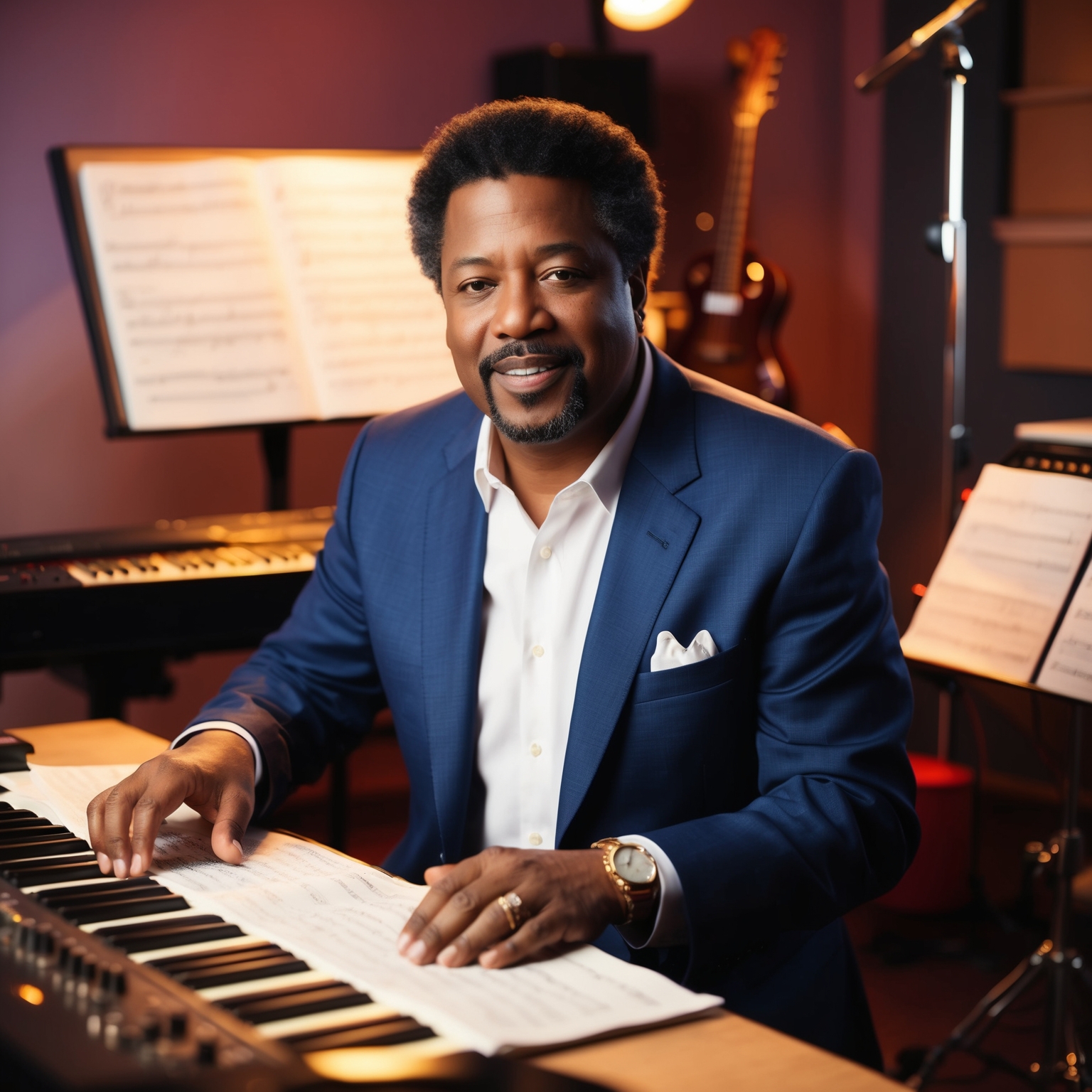 A portrait of Babyface, the renowned composer and producer, capturing him in a creative music studio setting surrounded by musical instruments and sheet music. The environment should exude a sense of classic R&B inspiration with a modern pop influence, showcasing him deeply engaged in composing music. The colors should be warm and inviting, highlighting his legacy and impact on contemporary music.