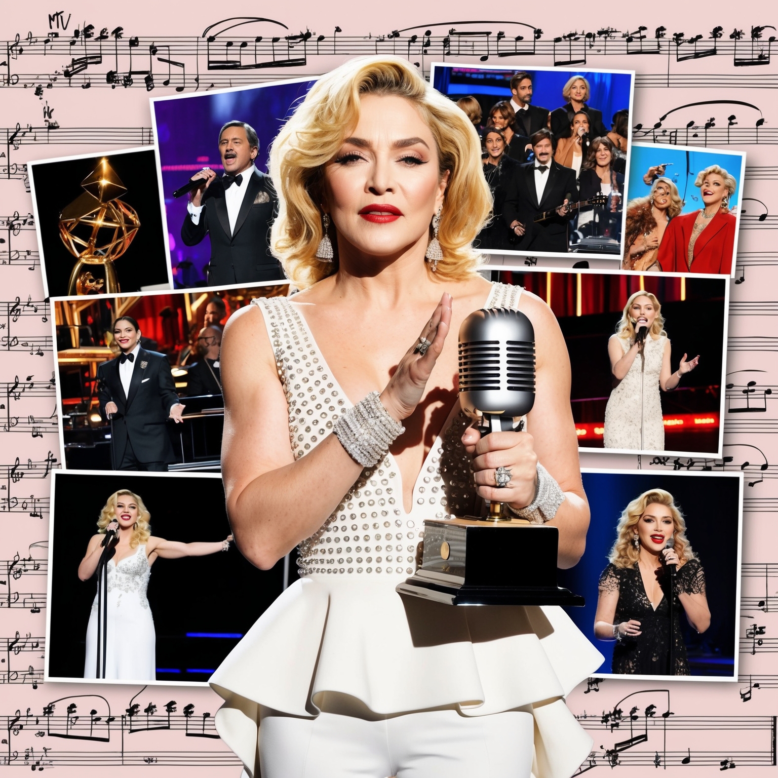 A collage featuring Madonna holding an MTV Video Music Award, a classic microphone symbolizing the song