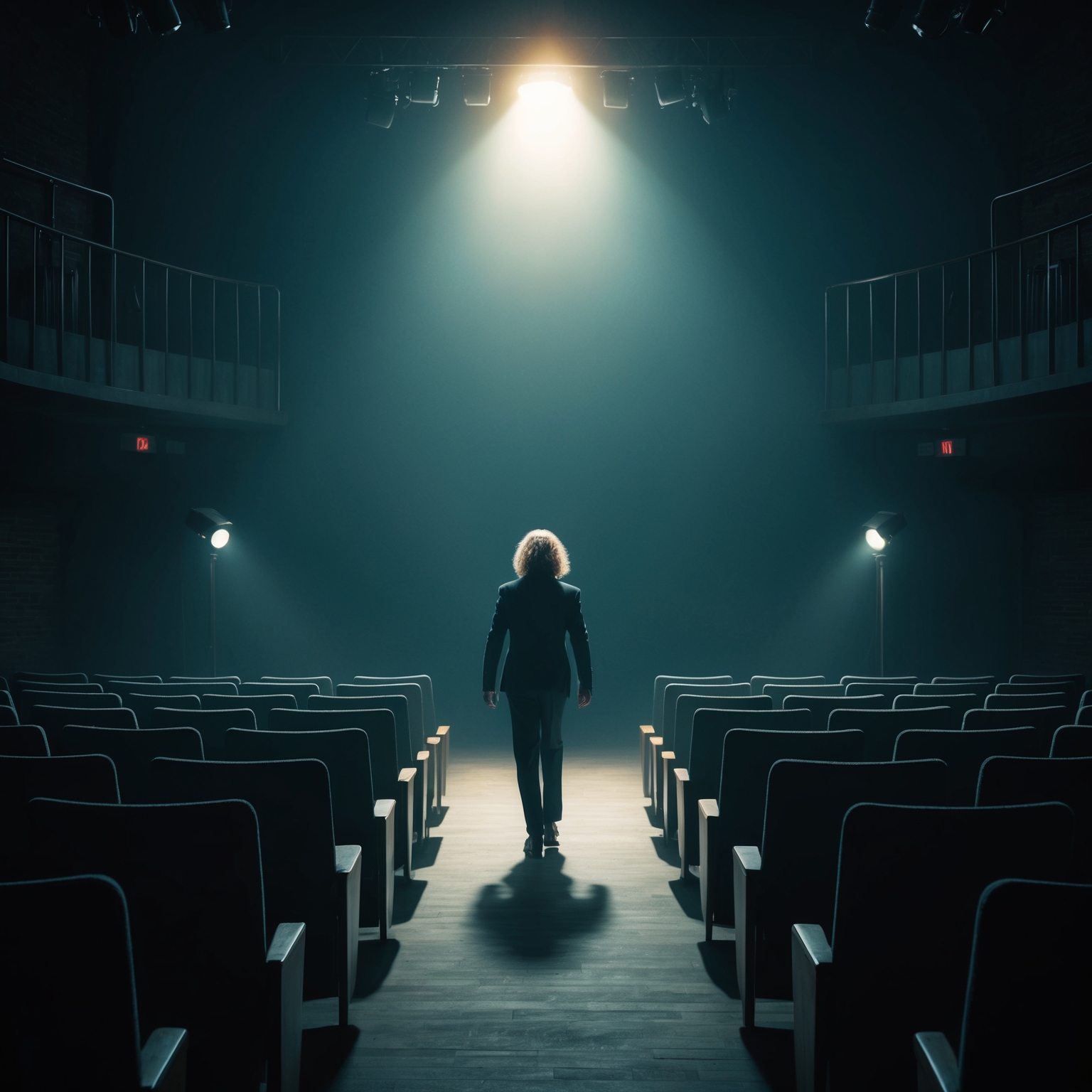 An evocative illustration capturing the theme of a lone performer in a dimly lit theater, symbolizing the end of a dramatic act. The image should convey a sense of isolation and introspection, with theatrical elements such as a spotlight and empty seats to resonate with the themes of Madonna