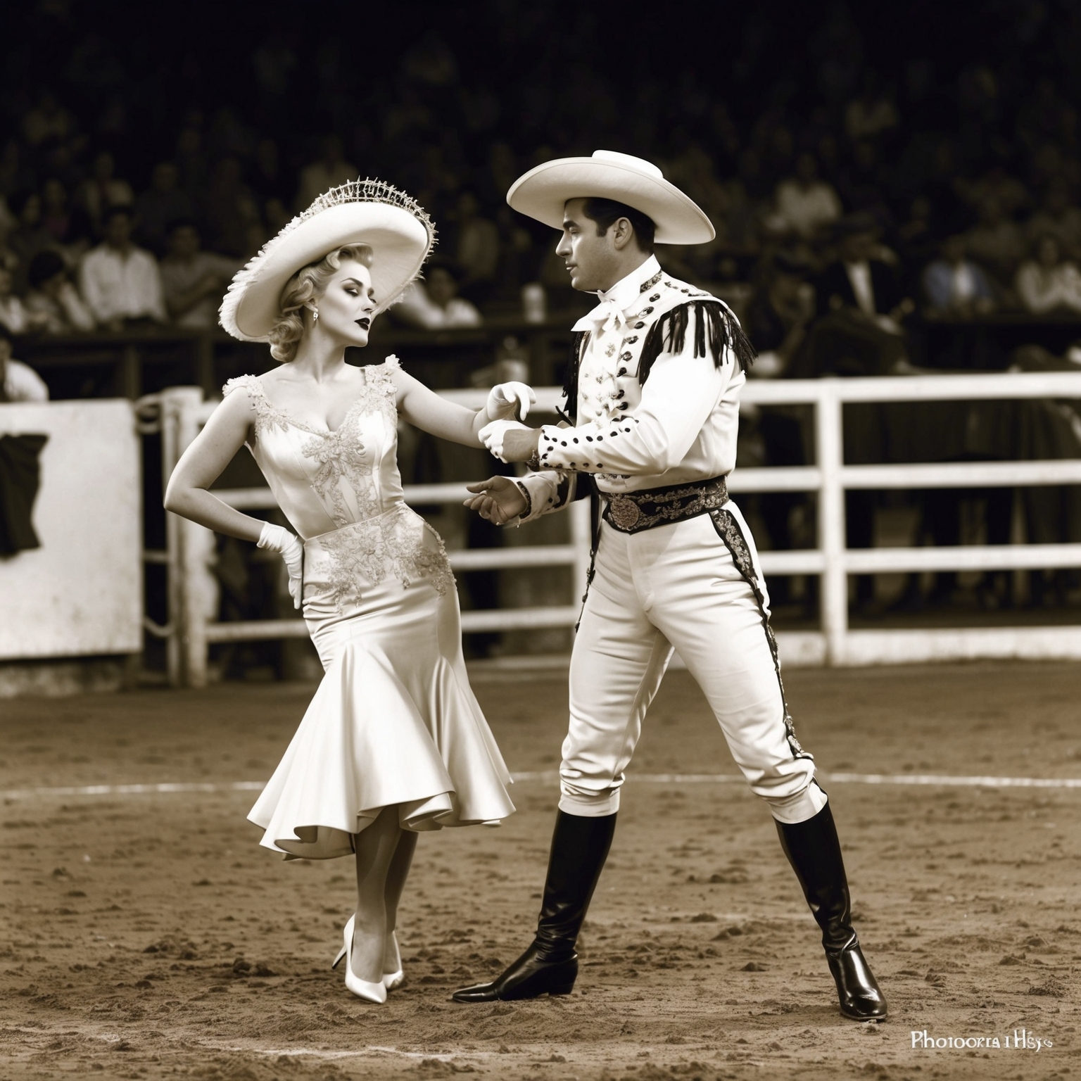 A classic 1940s film aesthetic; dramatic poses of a glamorous woman and a matador in a Spanish bullfighting arena; blending elements of romance and heartbreak with an air of elegance and tension.