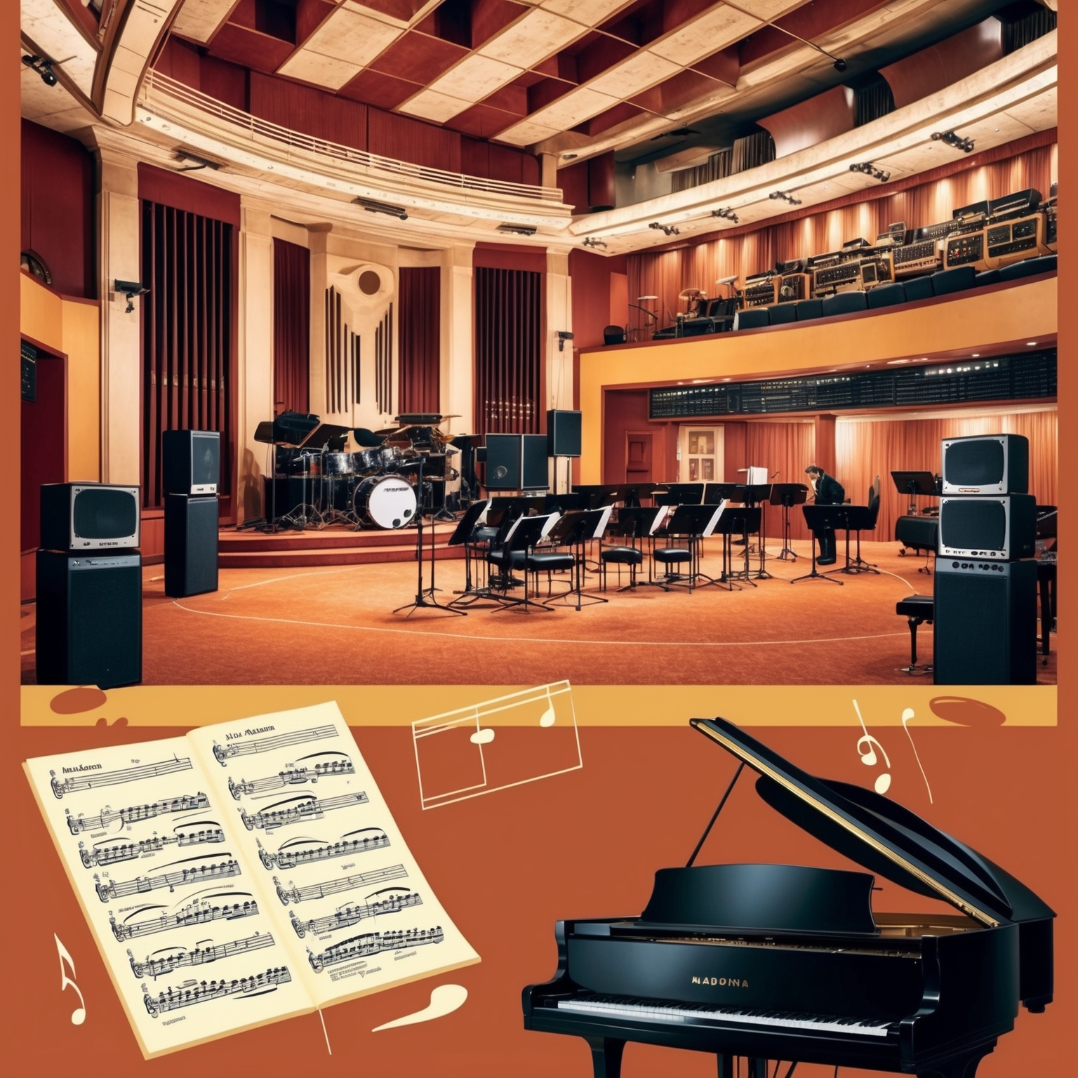 Create an illustration depicting a sophisticated recording studio from the 1990s era, where famous artists like Madonna and producers such as Babyface worked. Highlight vintage audio equipment, large orchestral sections, a piano, and a warm, inviting atmosphere. Show an open sheet with music notes, hinting at a successful collaboration on a pop ballad.