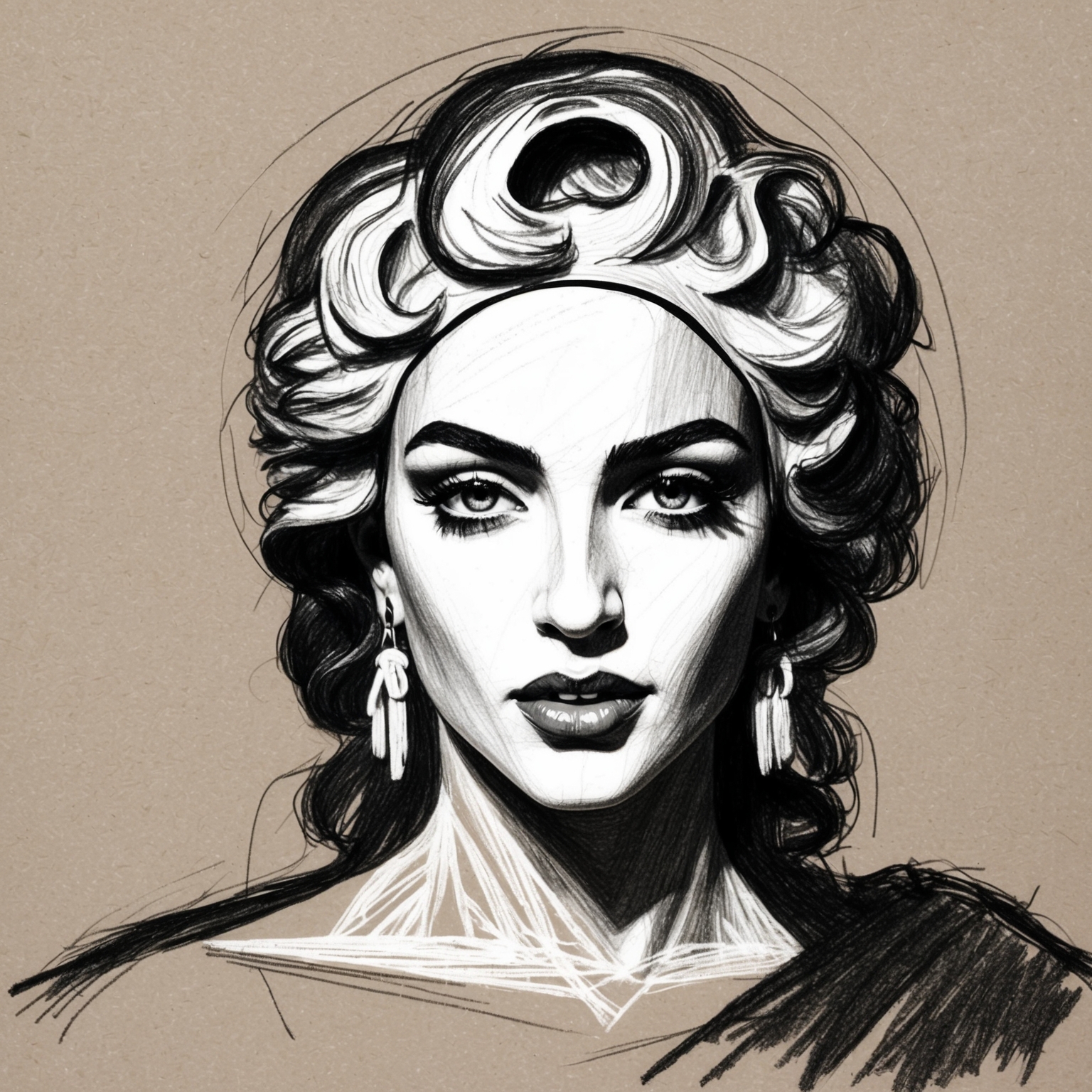 Create a black and white charcoal portrait of Madonna, capturing her iconic features in a stylized, half-finished style, emphasizing her expressive eyes and enigmatic expression.