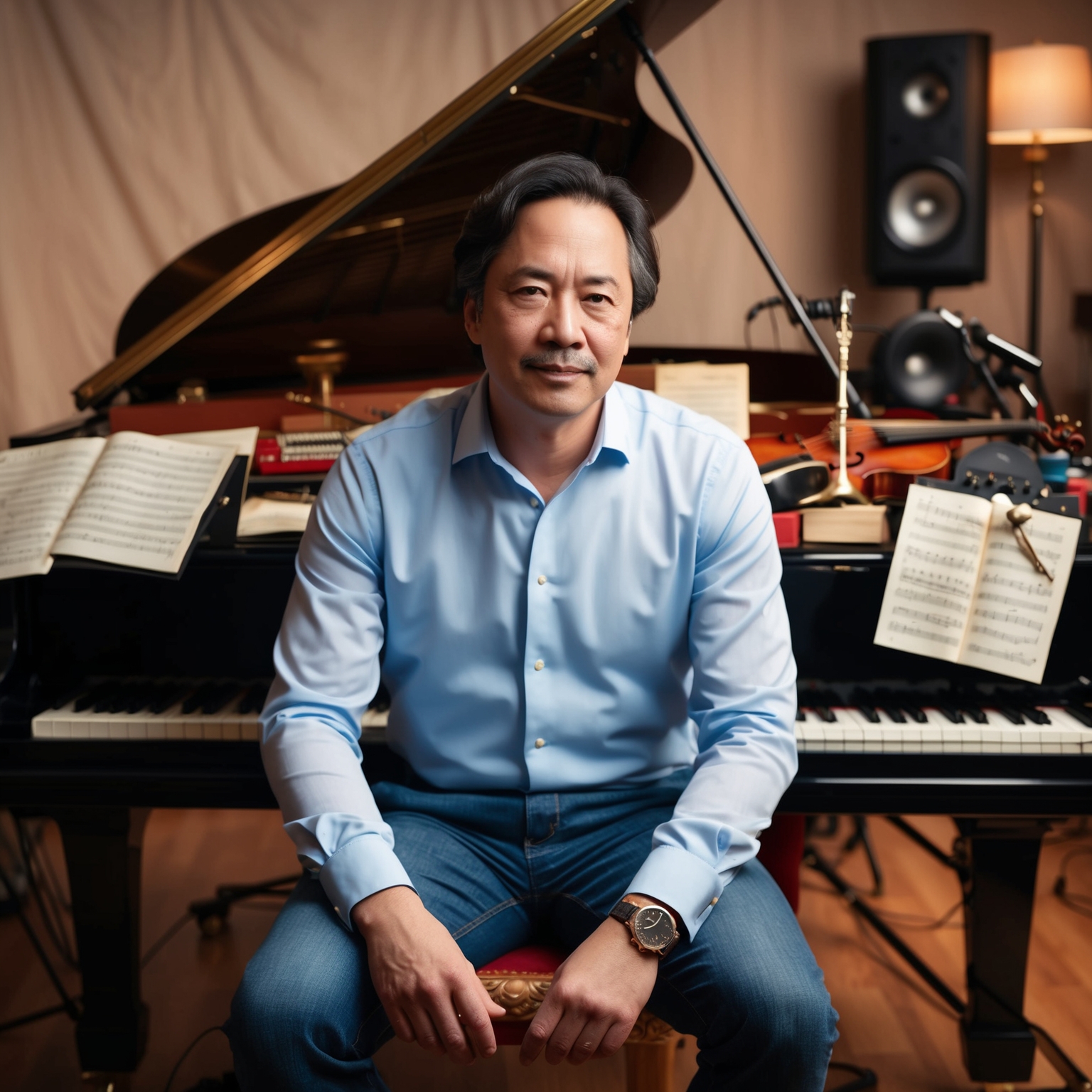 A portrait of a thoughtful, male musical composer, seated at a grand piano with sheet music scattered around. He has a focused expression, surrounded by an eclectic mix of classical and modern music paraphernalia, in a cozy, warmly lit studio setting.