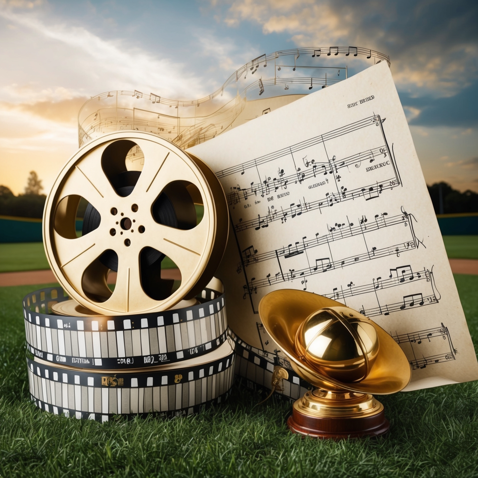 An elegant and nostalgic collage featuring a vintage film reel, a golden globe award, and sheet music with flowing notes. Include a subtle image of a baseball field at sunset in the background, with a muted color palette reflecting the deep emotion of the song. Emphasize a classic, timeless feel with gentle lighting and soft focus elements to evoke a sense of nostalgia.