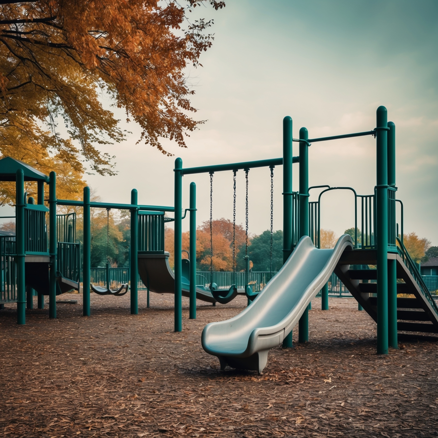 Create an evocative image that captures the essence of nostalgia and childhood memories, focusing on a serene playground setting with a sense of temporal change, perhaps with autumnal colors signifying the passage of time. Include elements that invoke a sense of longing and reflection, such as fading swings or an empty slide, under a gentle, melancholic sky.