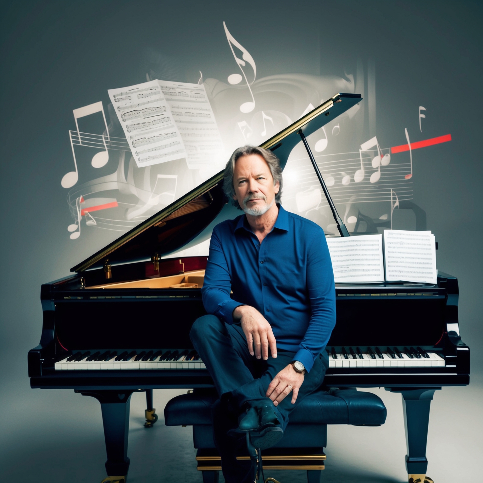 A portrait of David Foster at a grand piano, surrounded by sheet music and studio equipment, capturing the essence of a composer deeply engrossed in his creative process. The background features subtle elements representative of classical and pop music genres, merging seamlessly.