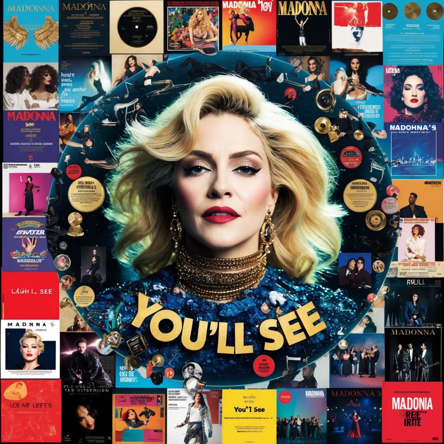 A visually engaging image captures the essence of song recognition and influence, showcasing elements of musical accolades, cover art reinterpretations, and subtle nods to its presence in media, all interconnected to illustrate the impactful journey of Madonna