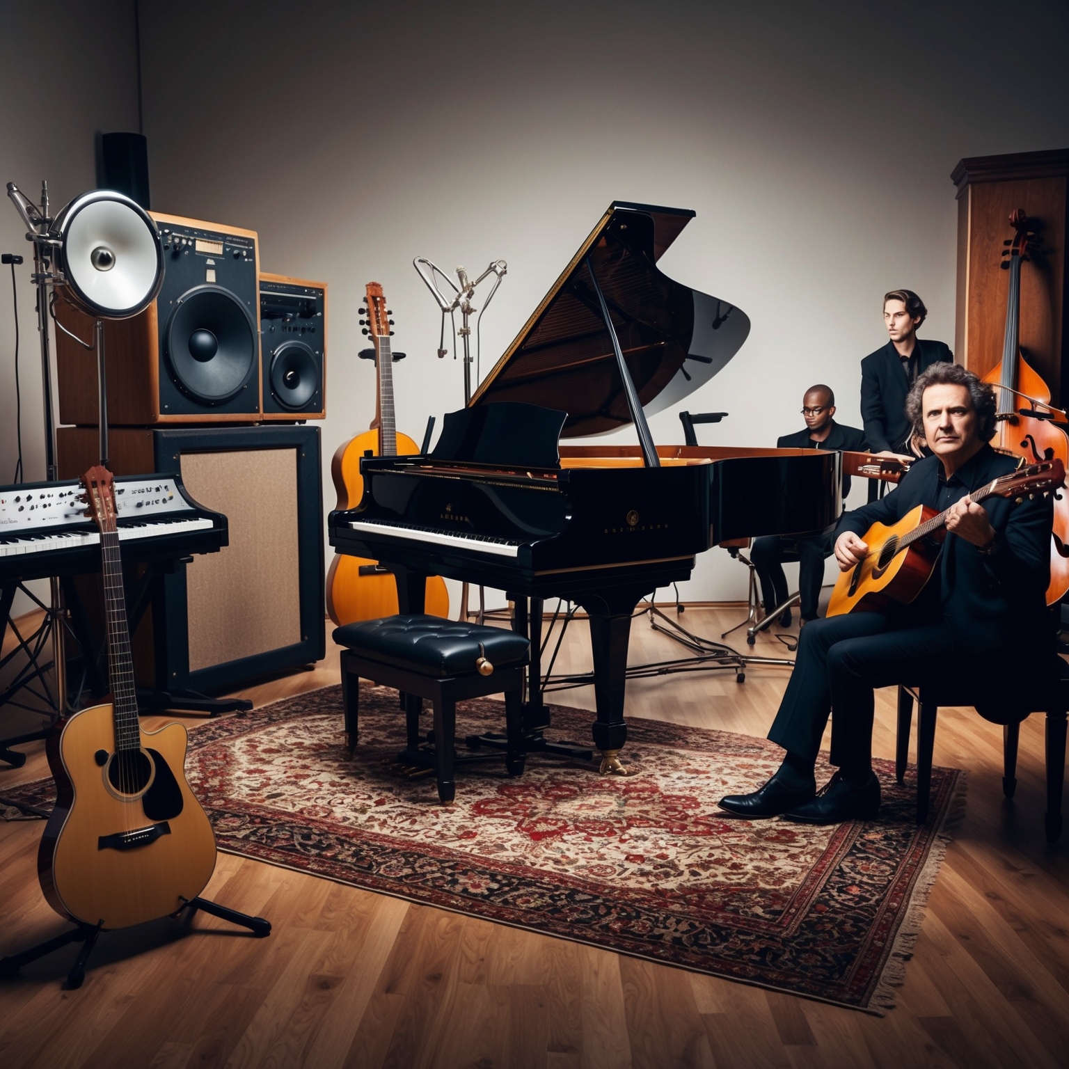 A studio setting with vintage recording equipment, a grand piano, acoustic guitars, and strings ensemble. The ambiance should reflect a fusion of modern and classic music elements. The artist