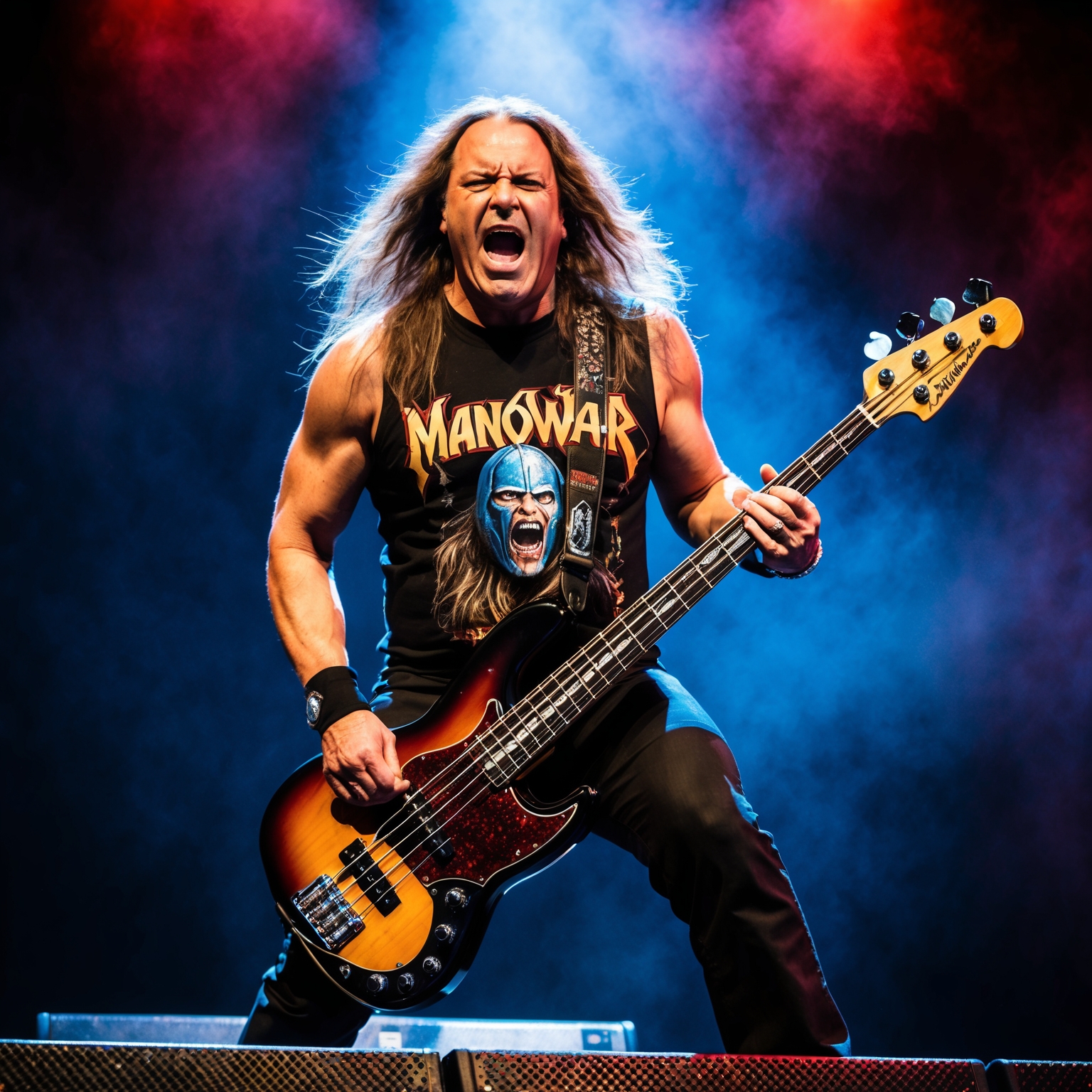 A powerful and detailed portrait of Joey DeMaio, the bassist of Manowar, depicting his energy and presence on stage. Capturing the essence of heavy metal with a dramatic setting, complete with his iconic bass guitar, surrounded by an epic atmosphere of deep blues and fiery reds conveying the spirit of his compositions.