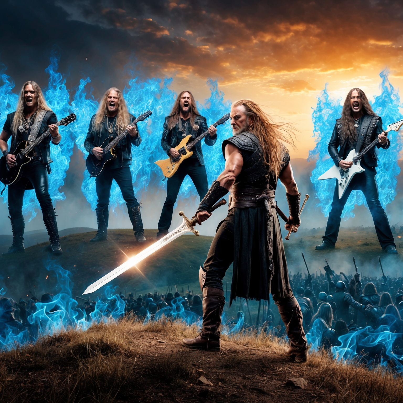 A dynamic and epic scene featuring a warrior holding a sword, with a glowing aura, standing on a hill overlooking a battlefield at sunset. In the background, ghostly figures of musicians with long hair and leather attire play instruments enveloped in blue flames, capturing the power and intensity of heavy metal music.