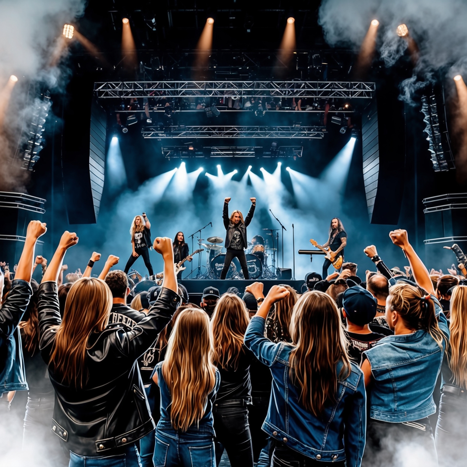 Illustration of a heavy metal concert setting with a band performing on stage, depicting fans in leather jackets and denim with raised fists, surrounded by dramatic stage lighting and smoke effects.