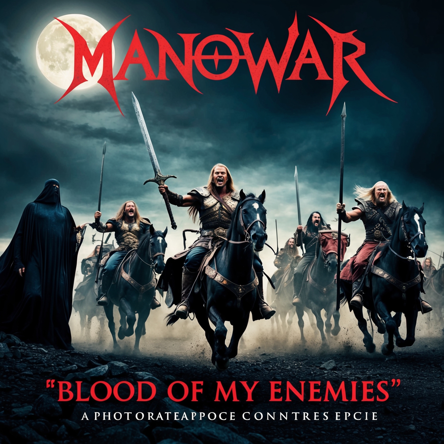 Visualize a fantasy battle scene with fierce warriors riding into battle alongside ominous figures under a moonlit sky, capturing the dark, mythical essence of Manowar