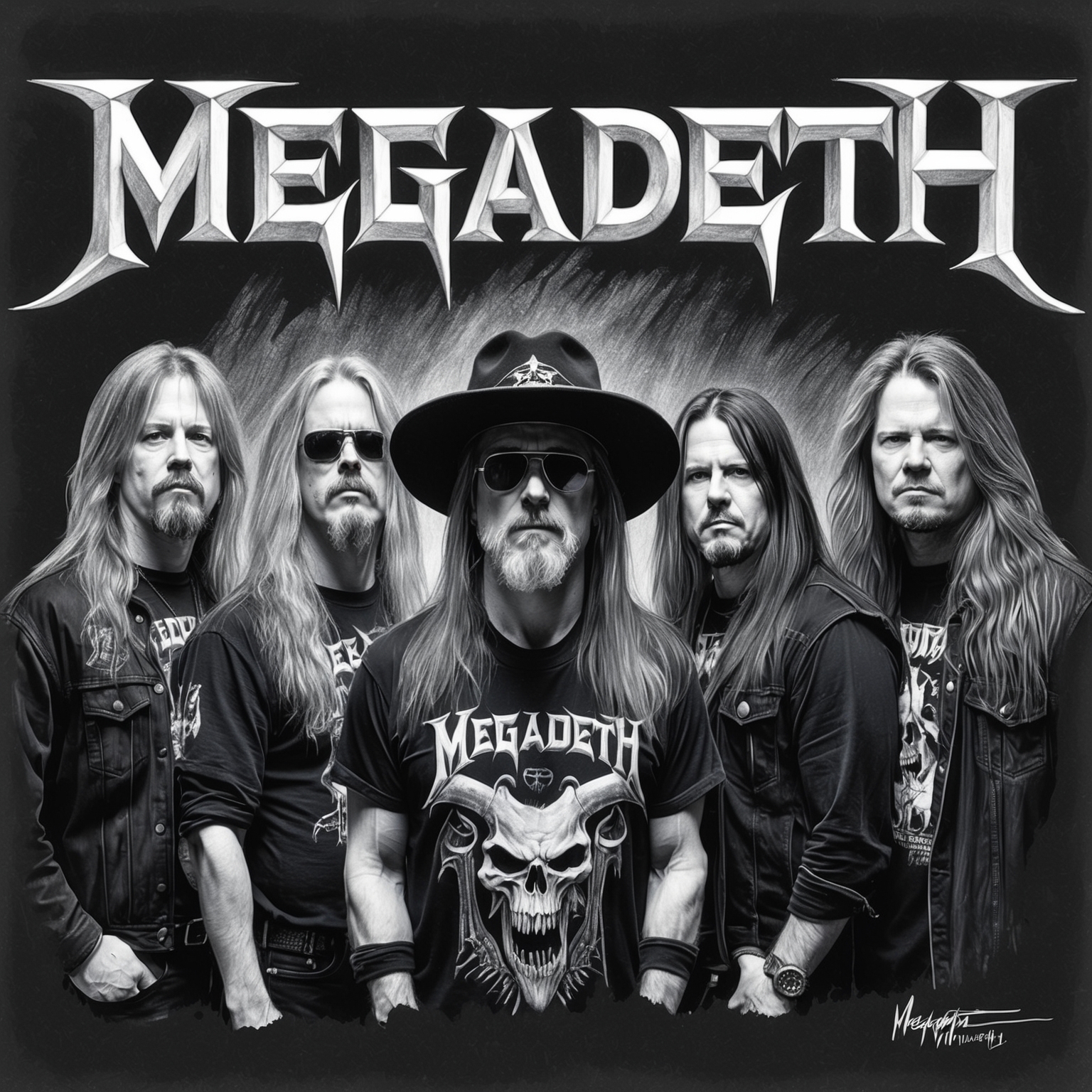 Create a charcoal, black and white portrait of the band Megadeth, focusing on a stylistic, half-finished design that captures the essence and energy of thrash metal pioneers from the early 1990s.