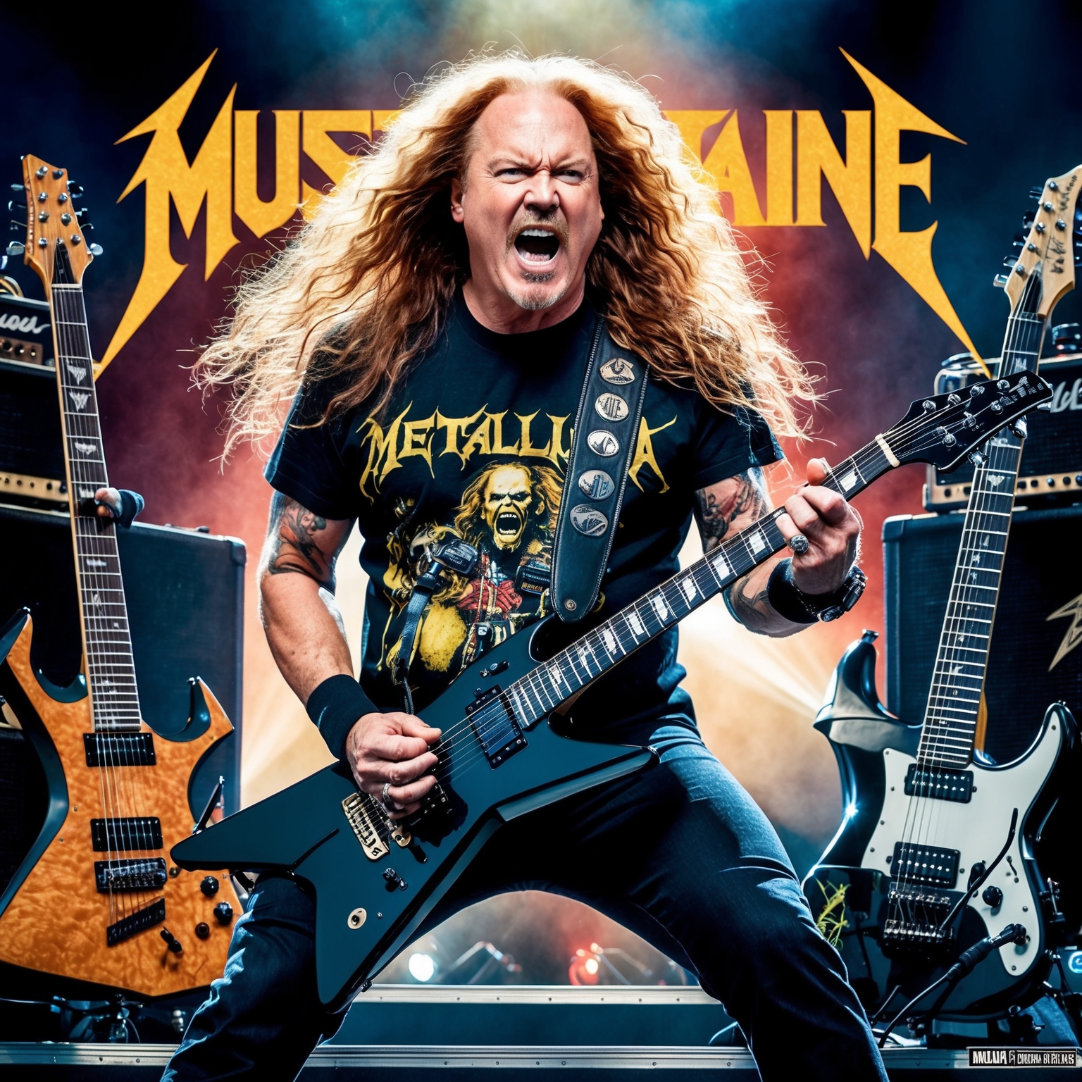 A creative portrayal of Dave Mustaine in a dynamic setting, capturing his essence as a legendary thrash metal guitarist and composer. The image should reflect his iconic presence on stage, surrounded by guitars and musical elements, with an intense and passionate expression that embodies his musical genius. Include elements that hint at his contribution to both Metallica and Megadeth. Style the image in a vibrant, high-contrast illustration, suitable for capturing the energy and essence of heavy metal music.