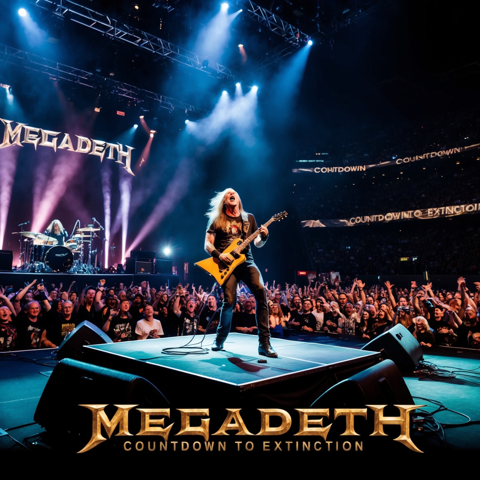 Create an image that captures the essence of a powerful thrash metal concert scene. Focus on a dynamic stage with dramatic lighting, a passionate guitar soloist, and a large crowd of engaged fans, giving the feeling of a high-energy performance that echoes the impactful sound of Megadeth. The atmosphere should reflect the intensity and passion of a rock concert with a spotlight on the band playing 