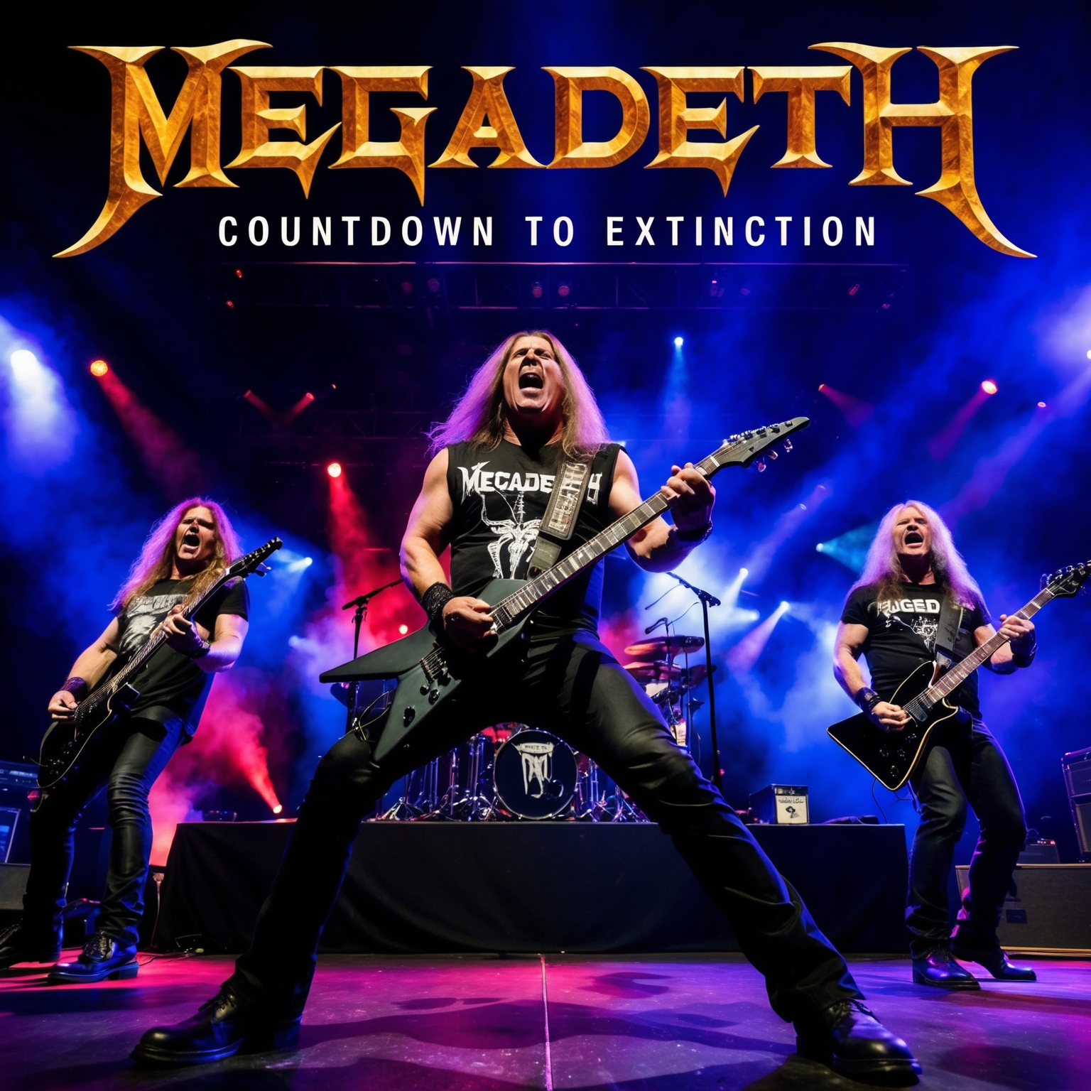 A dynamic and dramatic depiction of the band Megadeth performing in a concert. A focus on the energy and intensity of a live performance, capturing vibrant lights, a passionate crowd reacting, and the band members in powerful poses with their instruments on stage. Highlight the theme of 