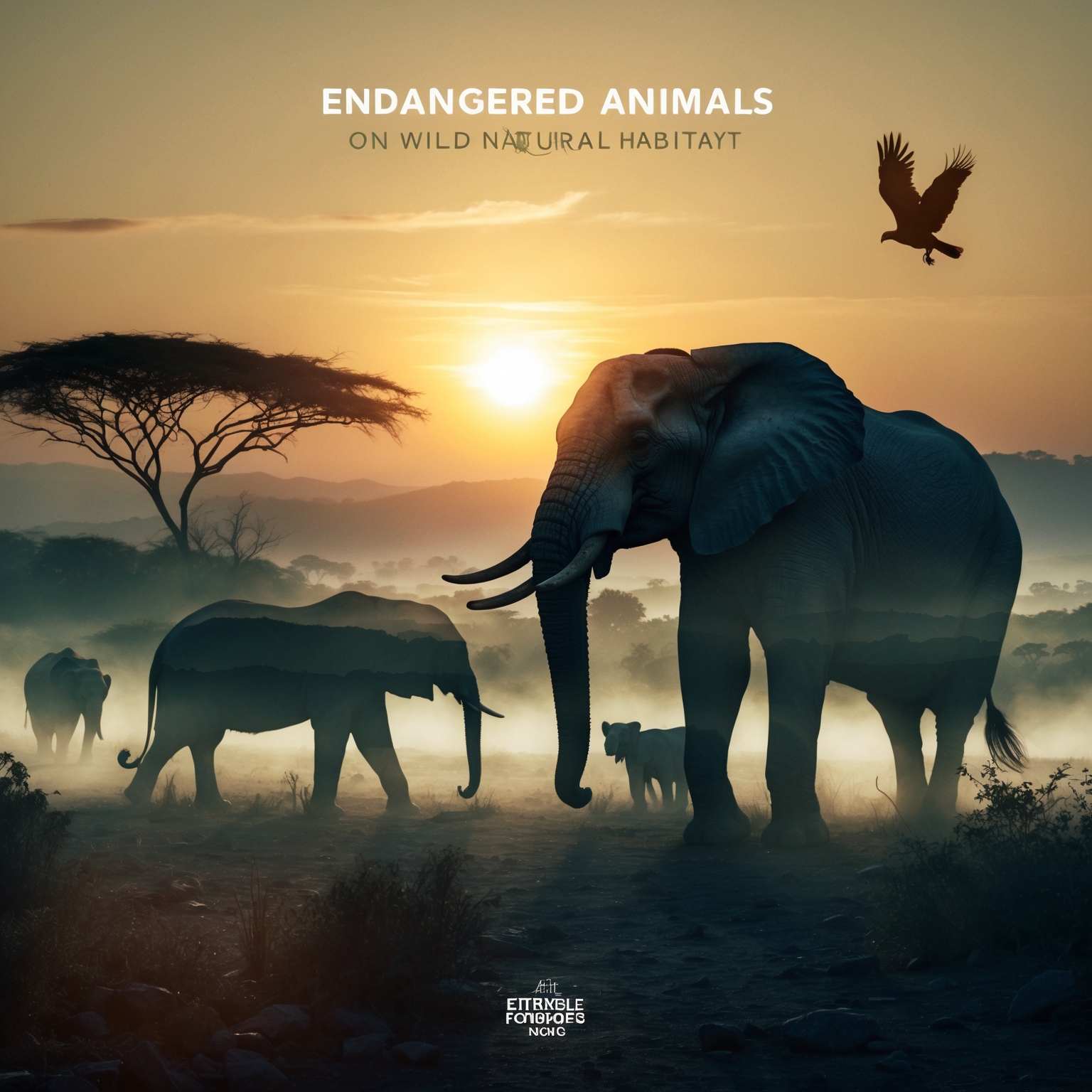 An ethereal and captivating digital depiction of endangered animals in a wild natural habitat. The sun sets in the background, casting golden hues over landscapes that symbolize the raw beauty and fragility of nature. Silhouetted figures of animals like elephants, tigers, and eagles are visible, subtly fading into the tranquil environment, representing their endangered status. The mood is both serene and poignant, echoing themes of conservation and the urgency of protecting wildlife. This artistic representation embodies the deep connection between nature and the existential threats it faces, capturing the essence of the song