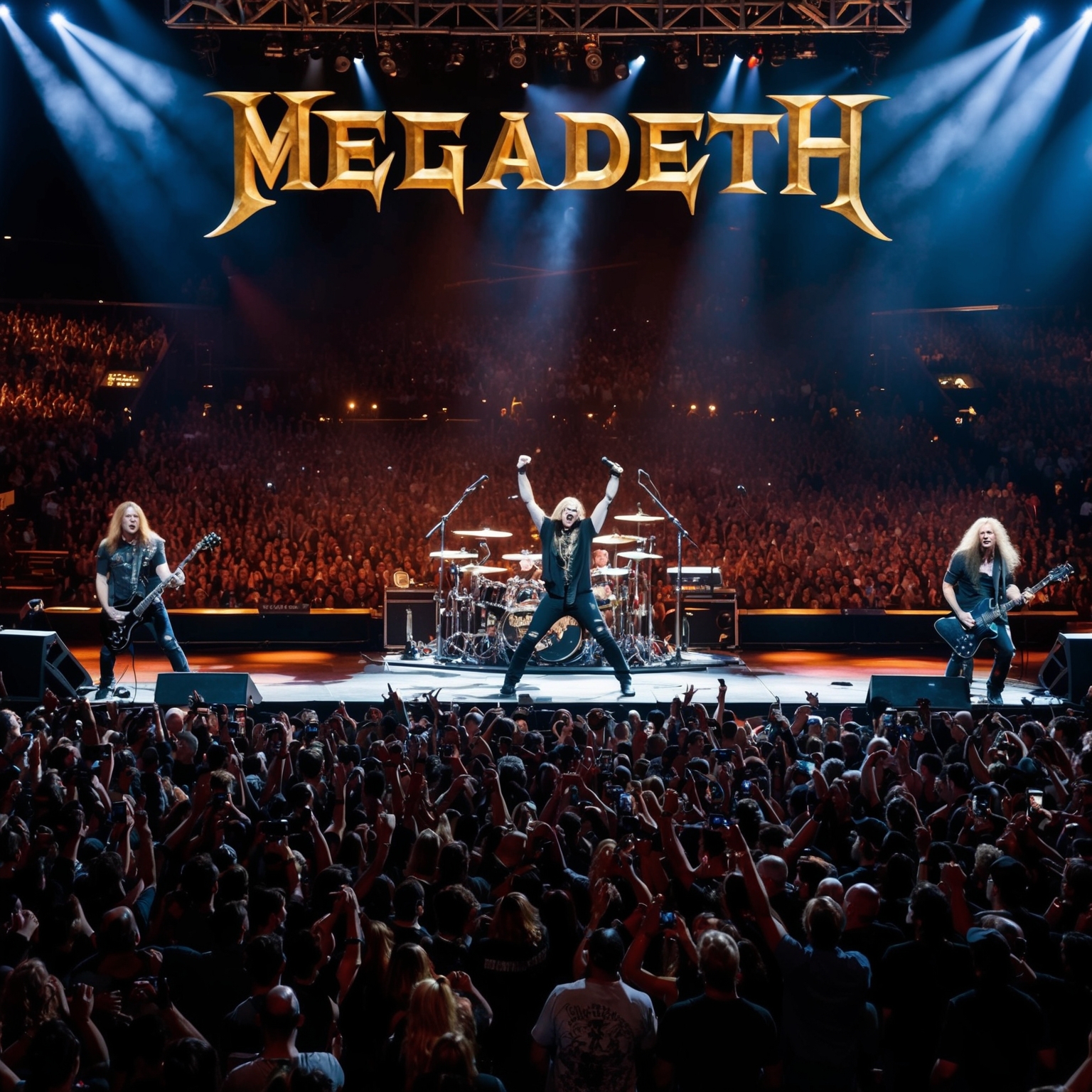 A packed concert hall with Megadeth on stage, rocking an energetic performance of their song 