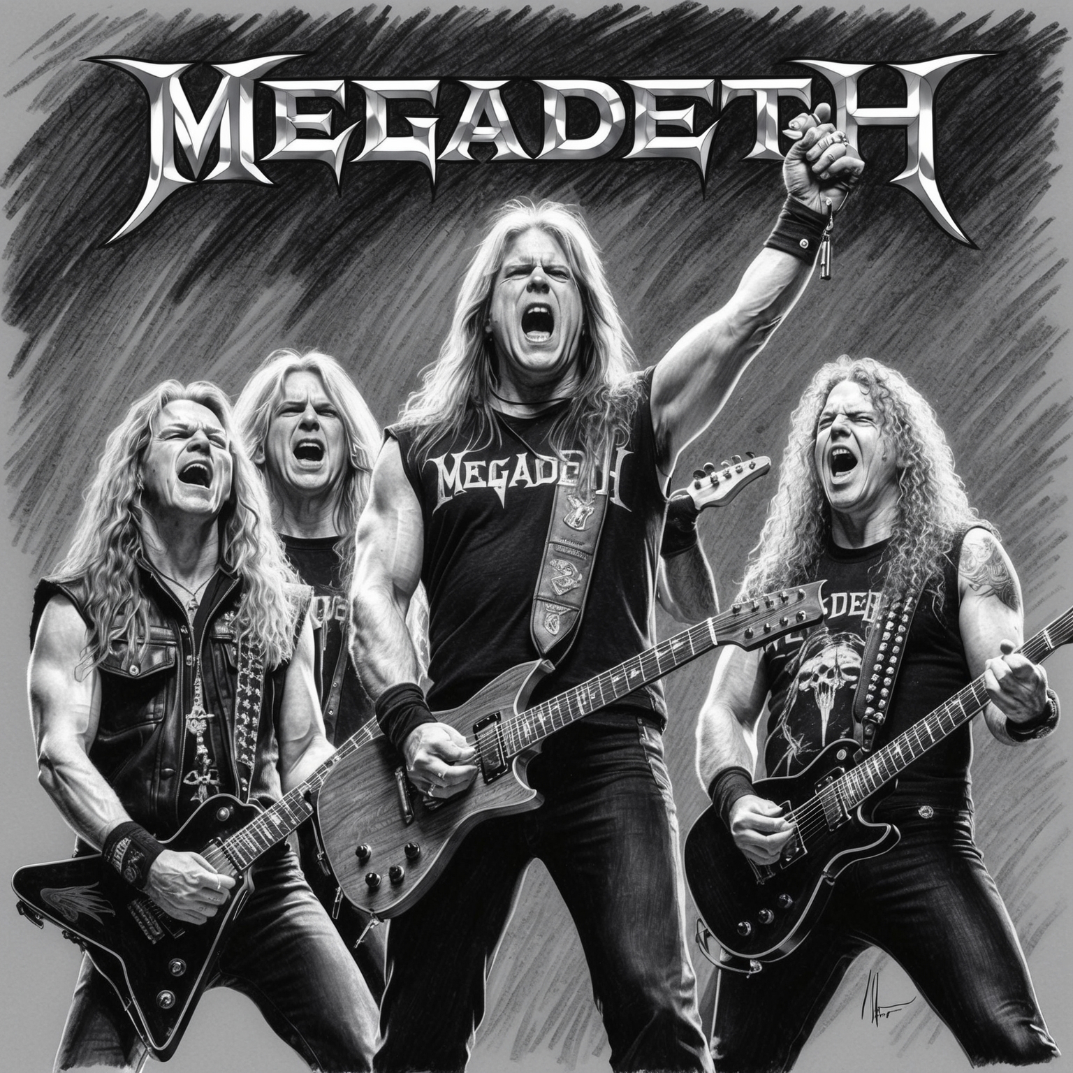 A black and white charcoal portrait of Megadeth band members from the 1992 era, with a half-finished, stylistic drawing emphasizing details of rock musicians in intense performance.