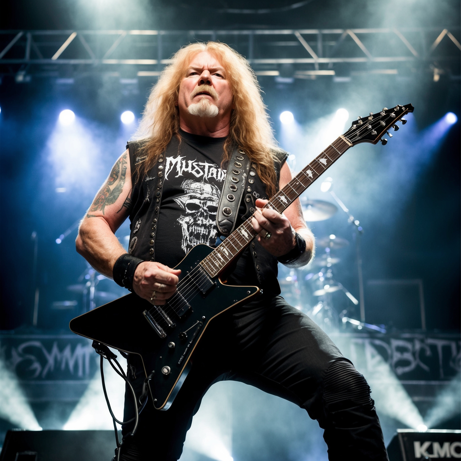 Portrait of Dave Mustaine, legendary thrash metal artist, playing electric guitar, styled with elements reflecting his influence in metal music. The background should evoke the intense energy of a live performance, capturing the essence of Mustaine