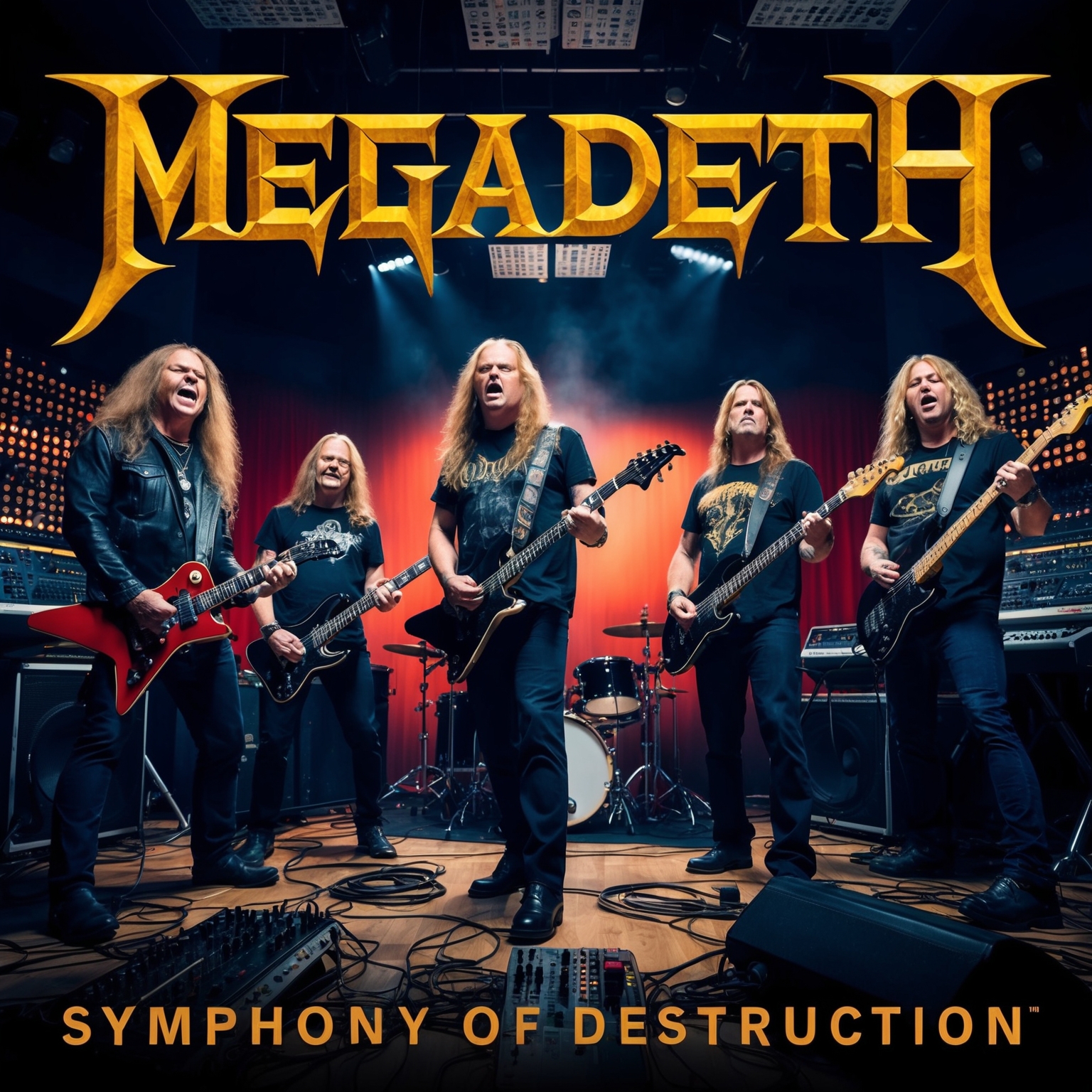 Create a dynamic and intense image that captures the essence of Megadeth