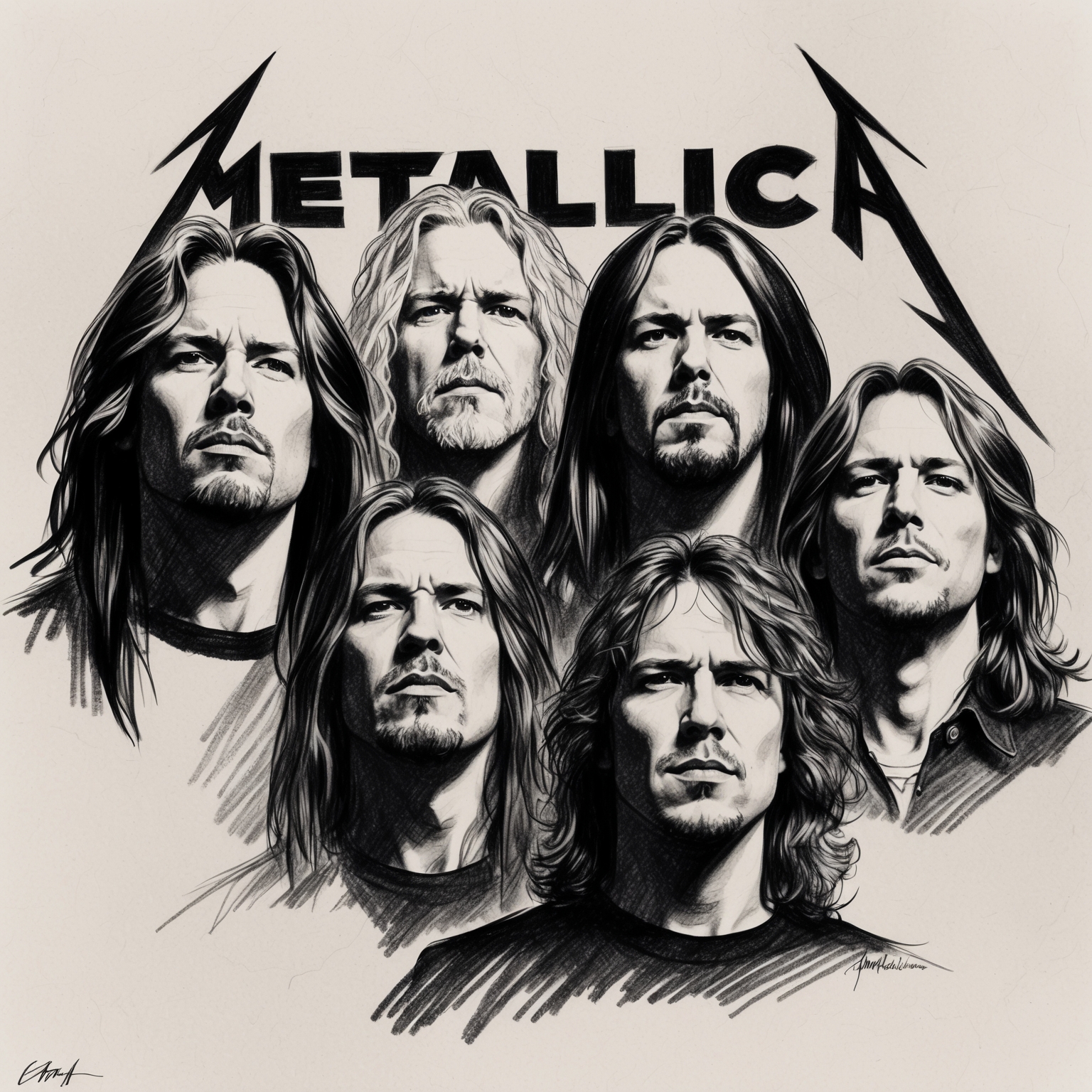 Create a black and white charcoal portrait of Metallica, capturing a stylistic, half-finished feel. Emphasize the intensity and iconic aura of the band members with a focus on the era around the early 