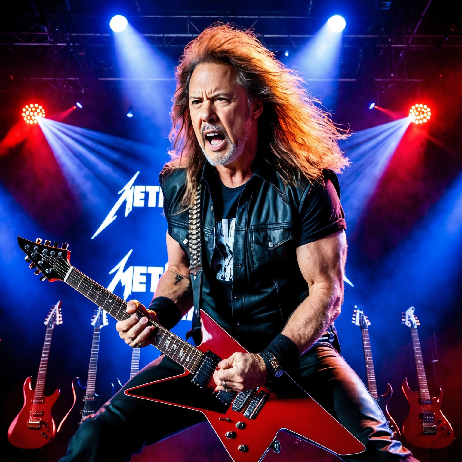 A dynamic and intense portrait of Kirk Hammett performing on stage, surrounded by energetic blue and red stage lighting, with expressive and focused eyes. Display a backdrop of electric guitar and musical notes to symbolize his impact on Metallica