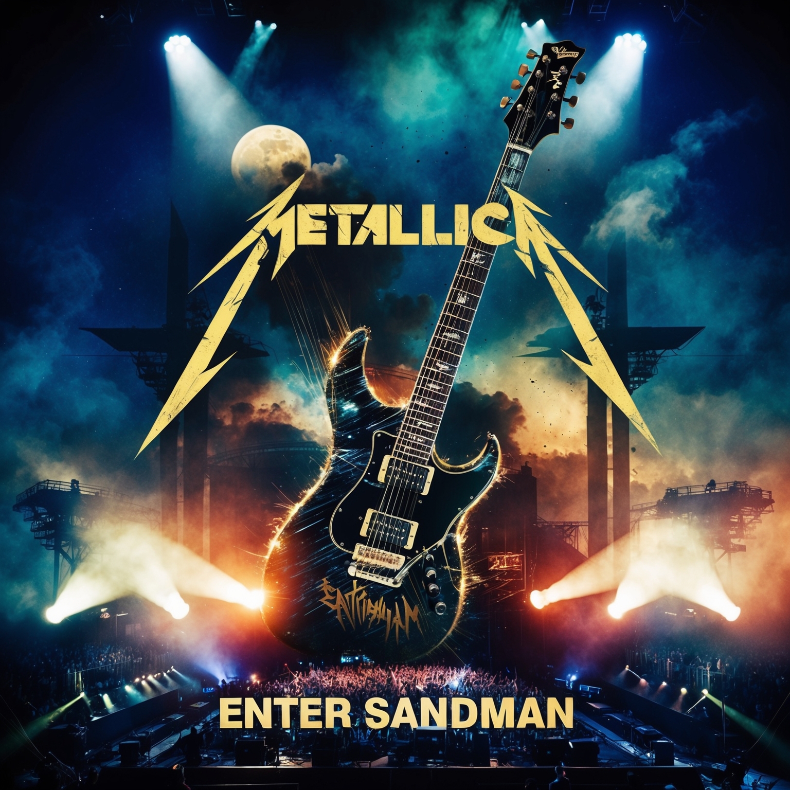 Create an image depicting a dynamic scene featuring the iconic Metallica logo blended seamlessly with musical elements like guitars and intense stage lights. Incorporate subtle nods to 