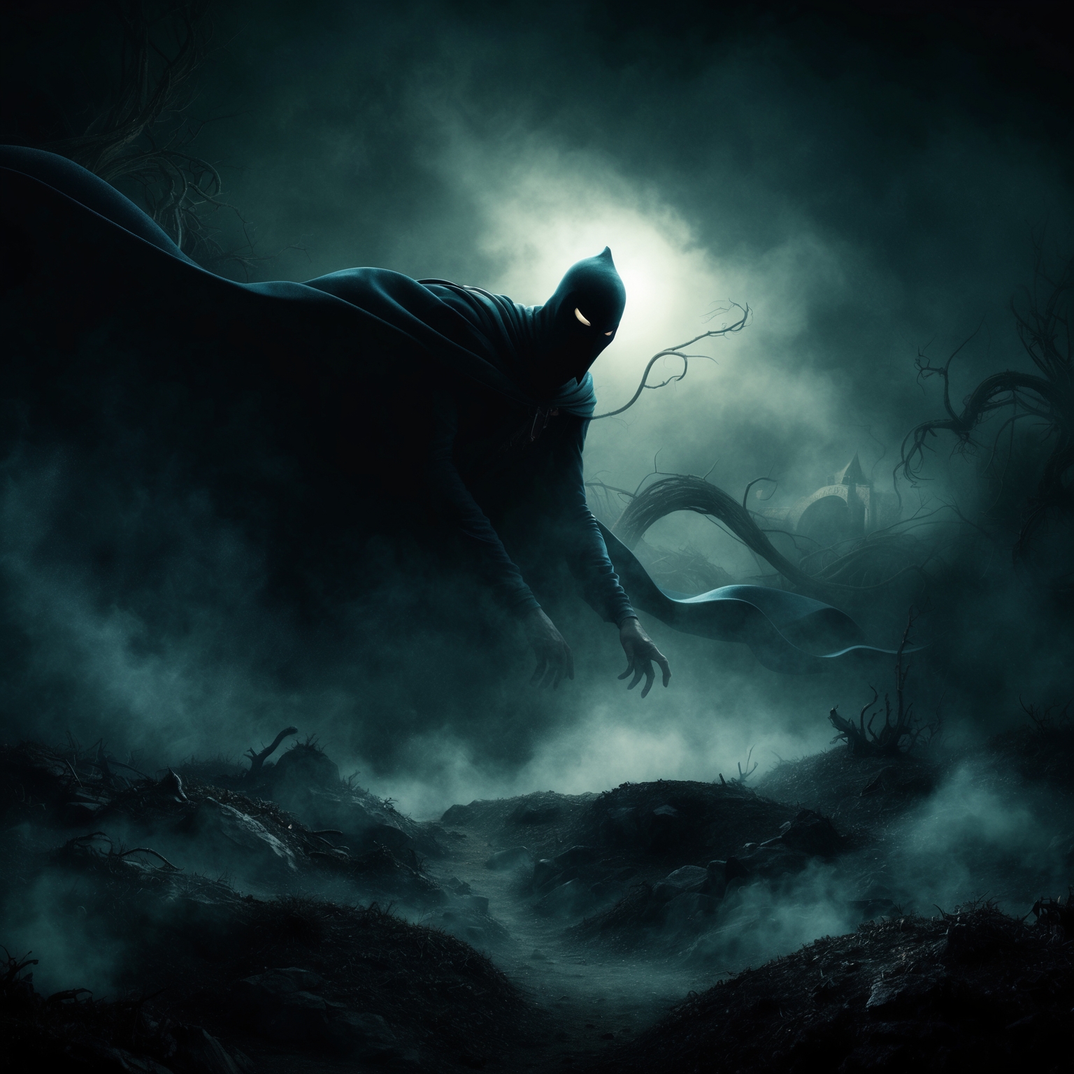 An illustration capturing the eerie and mythical essence of a dark, dreamlike landscape. A shadowy sandman character looms over, surrounded by swirling mists and ethereal elements. The scene embodies the contrast between innocence and nightmares, set against a backdrop that hints at both fairy tales and fantasy horror.