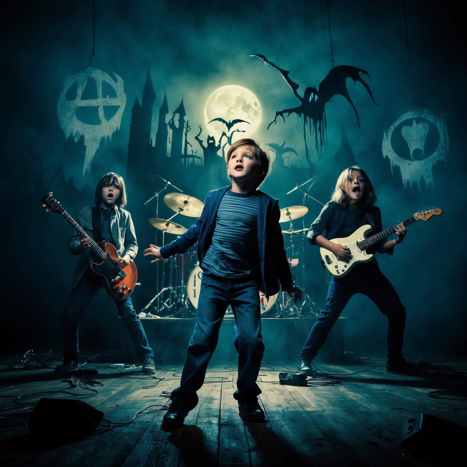 Visualize a haunting nighttime scene featuring a young boy caught in a nightmare, surrounded by shadows and eerie symbols with a band performing energetically. The atmosphere should be dark and mysterious, evoking fear and suspense reminiscent of early 