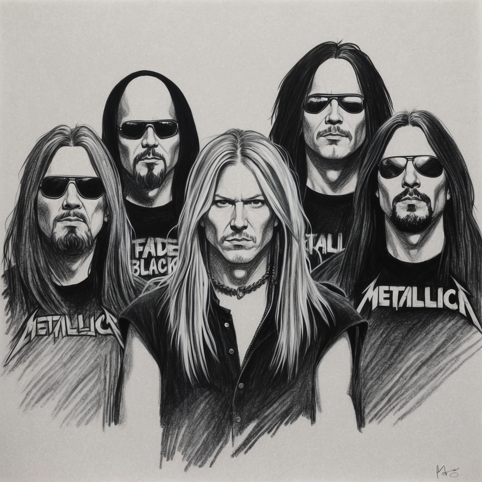 A black and white charcoal portrait of Metallica, with a half-finished feel, capturing the essence of the band in the era of "Fade to Black".