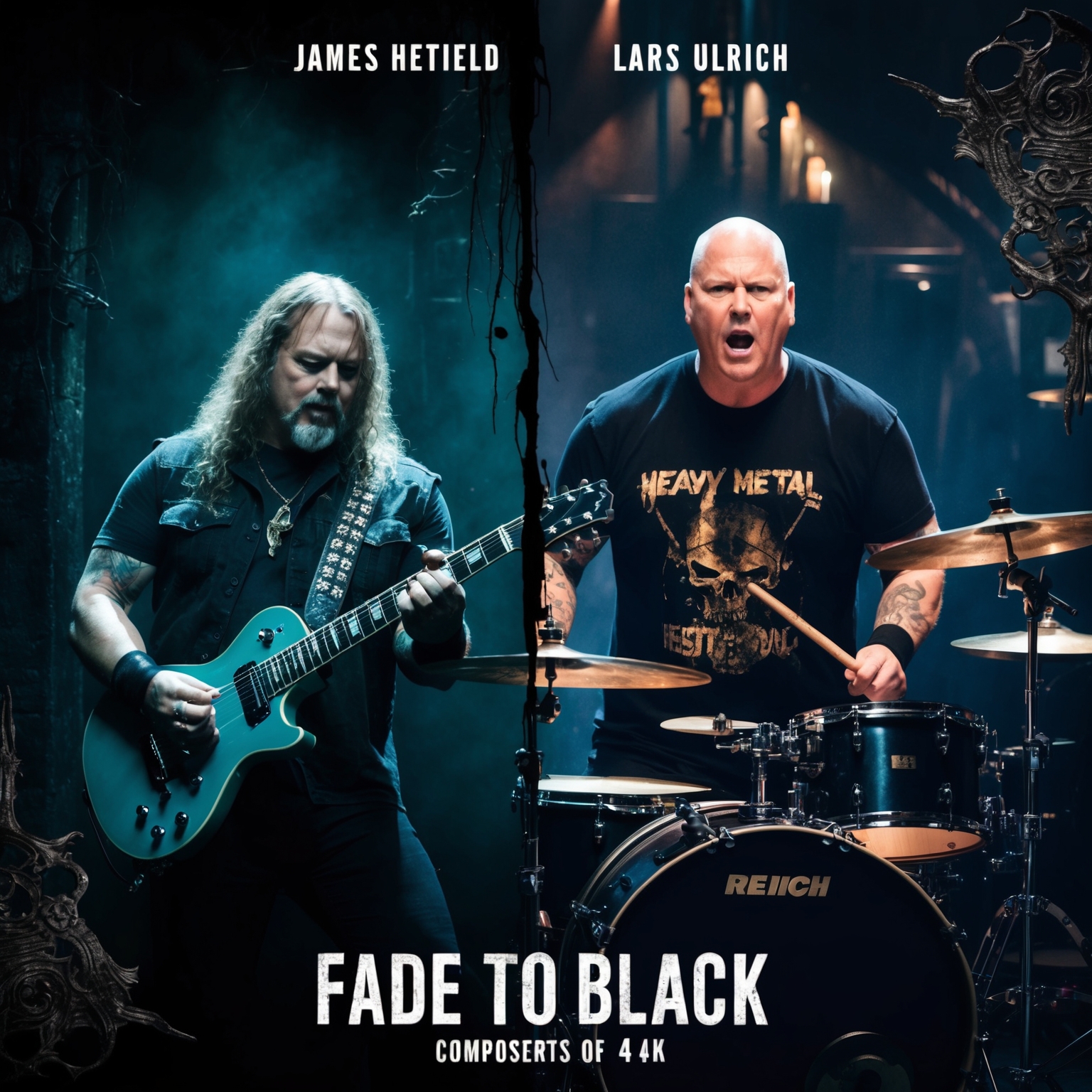 A split-image featuring James Hetfield and Lars Ulrich, the composers of 