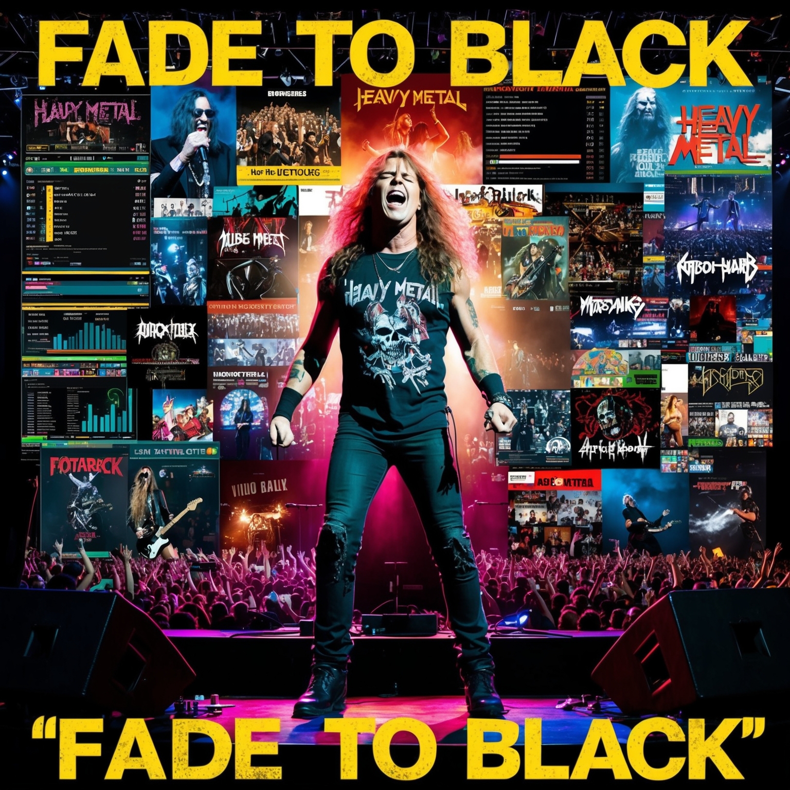 A vibrant collage depicting a heavy metal icon on stage, with overlapping images representing music charts, cover art from different artists, video game elements, and a background of musical notes, capturing the spirit and widespread influence of 