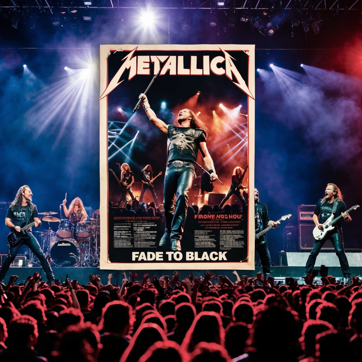 A vintage poster of Metallica from the 1980s in a lively concert setting, emphasizing the energy and passion of the era. The image should capture dynamic lighting, an enthusiastic crowd, and the band in full performance mode, illustrating the timeless appeal of 