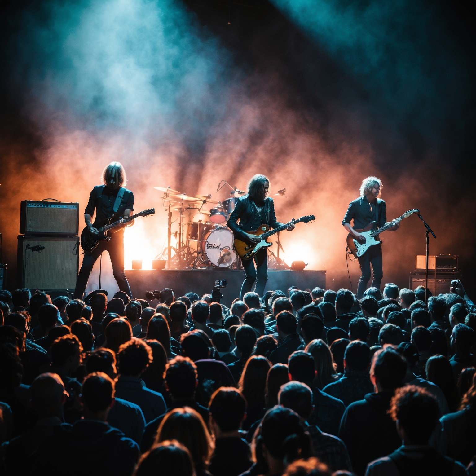 A band performing on stage with intense lighting effects, capturing the emotive essence of soul-stirring guitar solos. The crowd is visibly moved, reflecting a deep connection with the music. A sense of nostalgia and existential reflection permeates the scene.