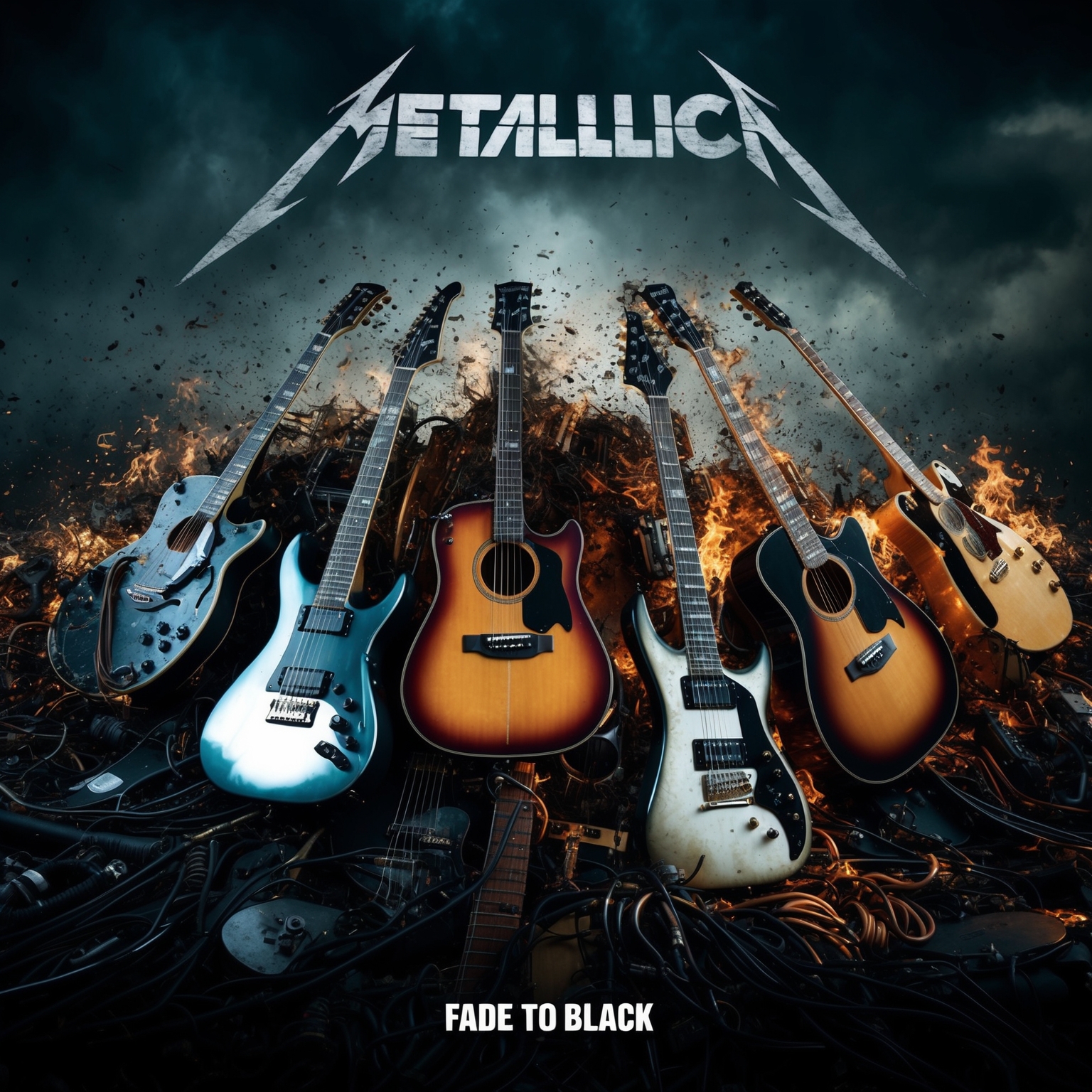 An intricate tapestry of acoustic and electric guitars blending harmoniously, set against a backdrop of an emotionally charged atmosphere. Highlight the transition from acoustic melodies to powerful electric guitar solos, capturing the essence of Metallica