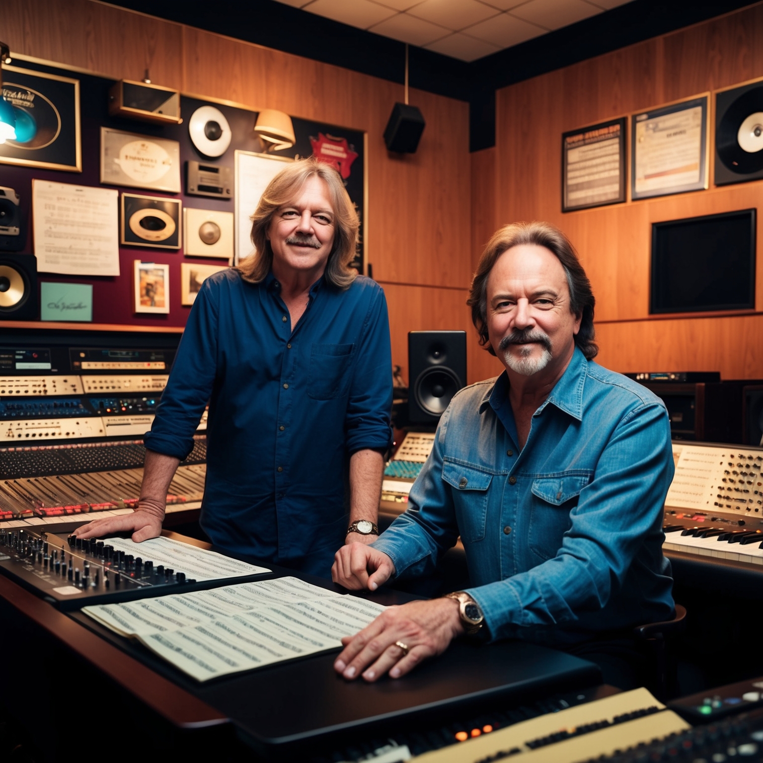 A portrait of two influential composers, Holly Knight and Mike Chapman, in a creative setting, such as a recording studio filled with classic rock memorabilia and music sheets, showcasing collaboration in songwriting and composition. The scene evokes the era of 1980s music production with a modern twist.