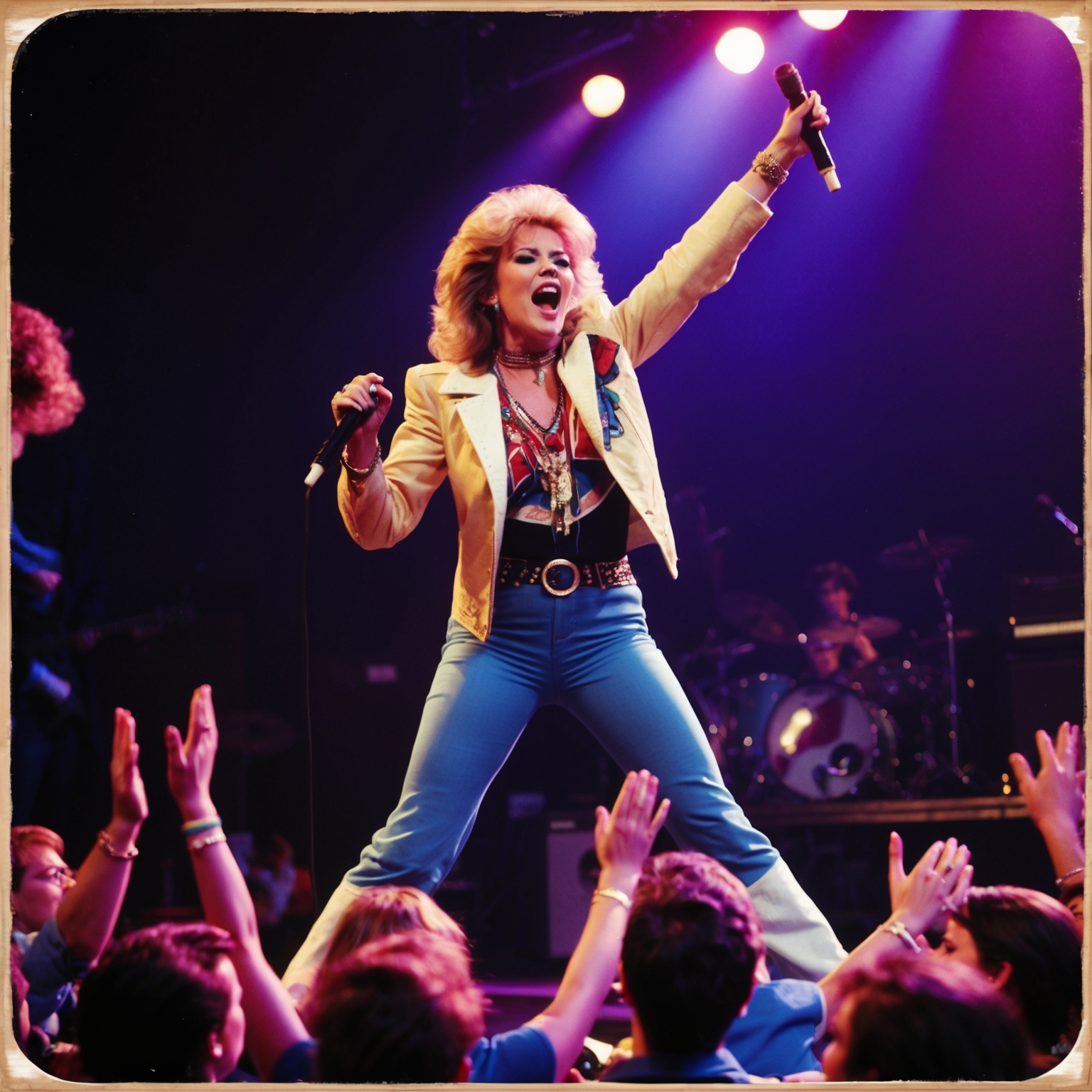 Create an image showcasing the dynamic energy of an early 80s rock concert featuring a powerful female lead singer with audience engagement. The scene should have a retro vibe, symbolizing the era