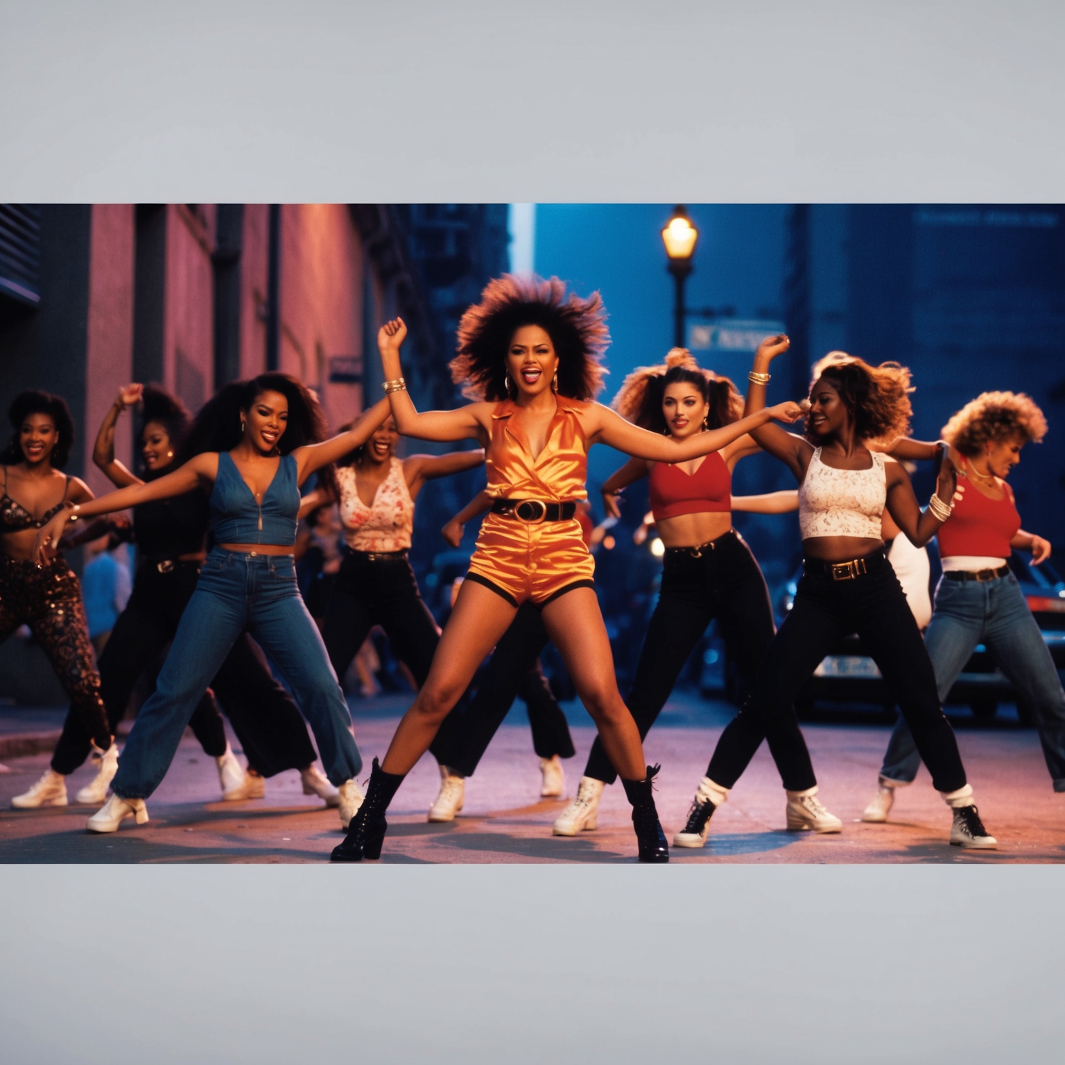 A scene from a 1980s music video featuring a powerful and synchronized dance led by a strong female protagonist in an urban setting. The backdrop includes a gritty cityscape, with a group of women dancing in unison, dressed in 80s fashion. The lighting and choreography convey themes of empowerment and independence, showcasing an iconic moment in music video history.