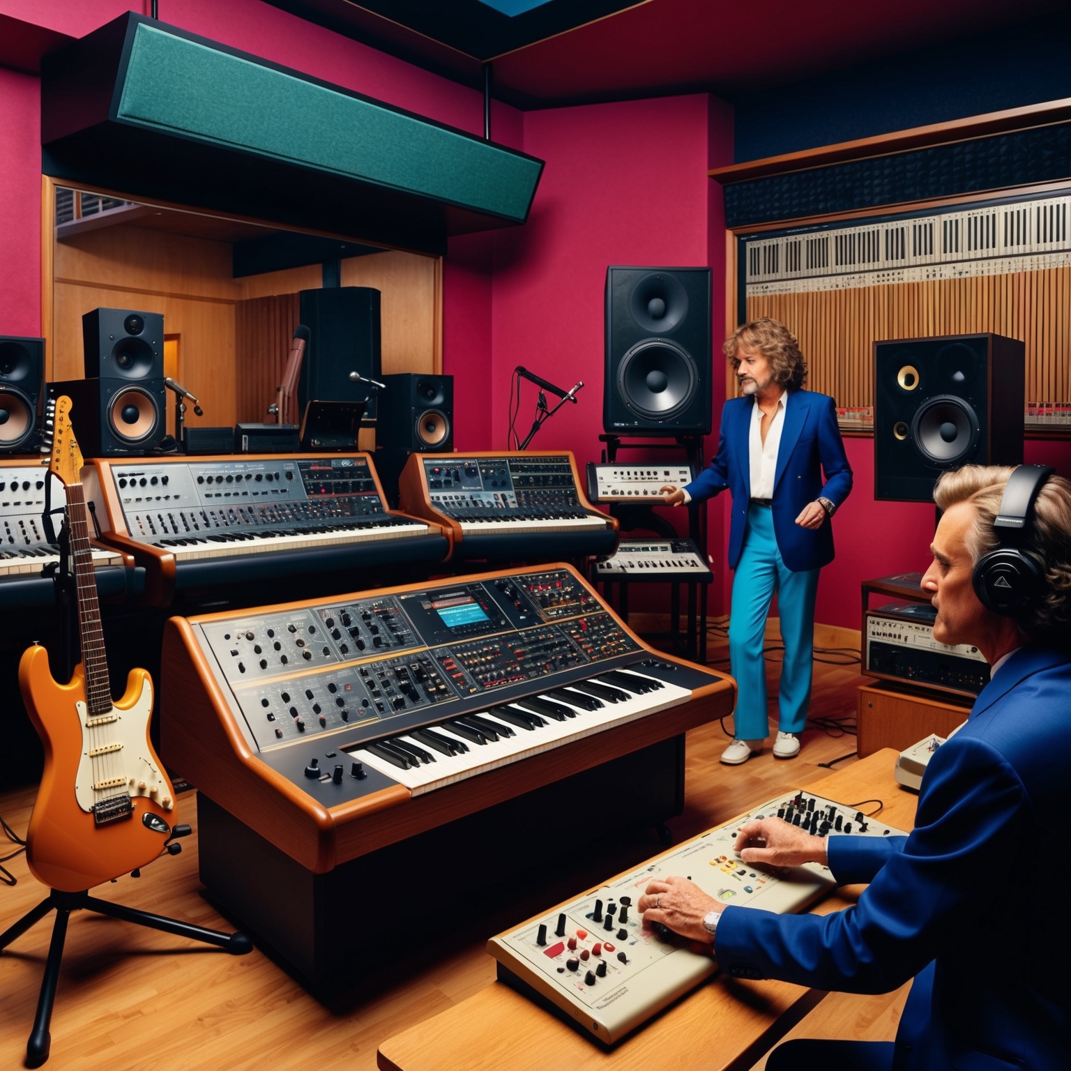 A detailed illustration of a music studio from the 1980s, capturing the vibrant atmosphere and equipment used in recording sessions. Feature designer synthesizers, electric guitars on stands, and classic studio monitors, with a producer in classic 80s attire adjusting soundboards. The setting should evoke a sense of creativity and innovation, reflecting the unique sound of Pat Benatar’s 