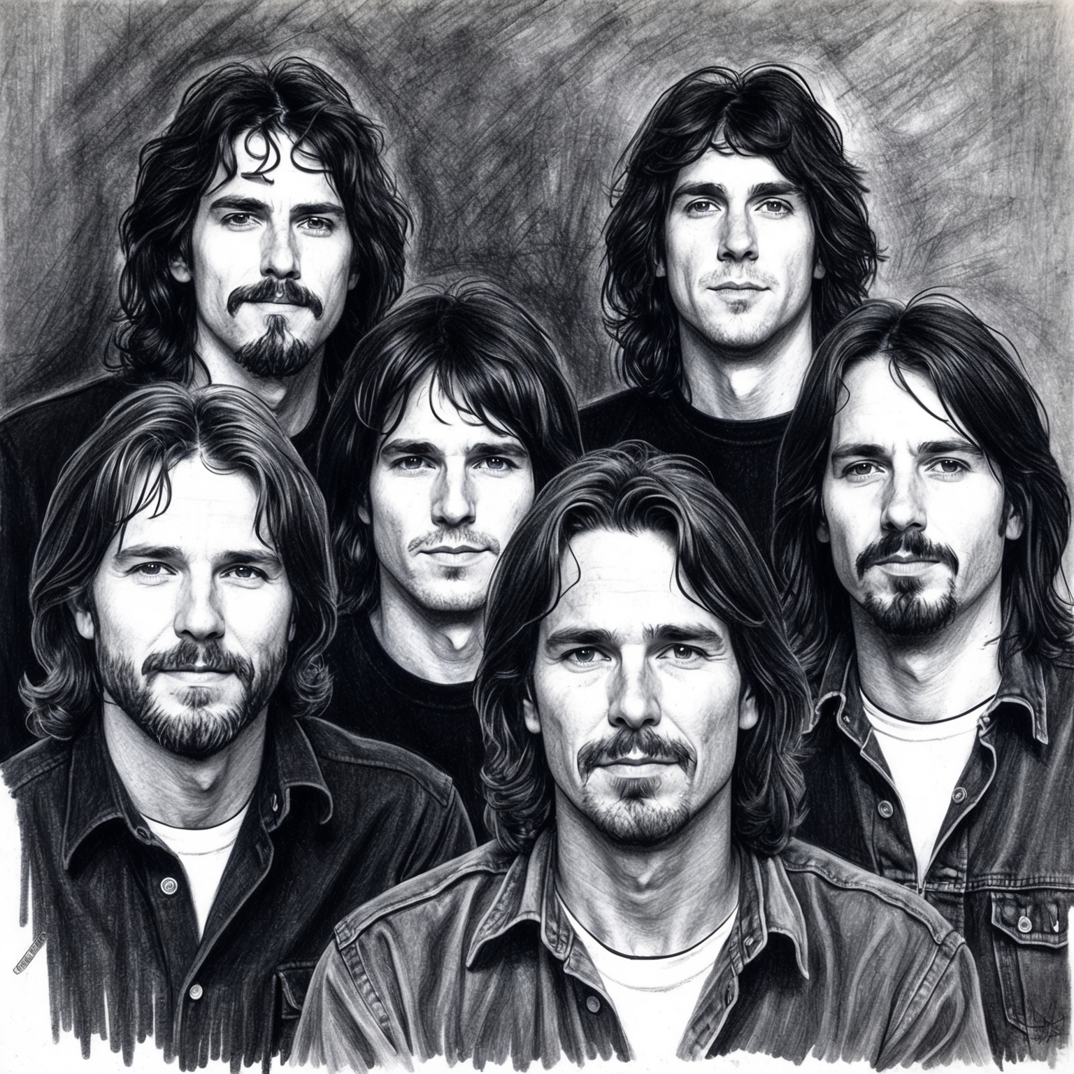 Create a charcoal, stylistic drawing of Pearl Jam. Focus on a black and white charcoal portrait with a half-finished feel, capturing the band in the early 90s. Convey the raw energy and groundbreaking presence of the band members, especially during the era of their song 