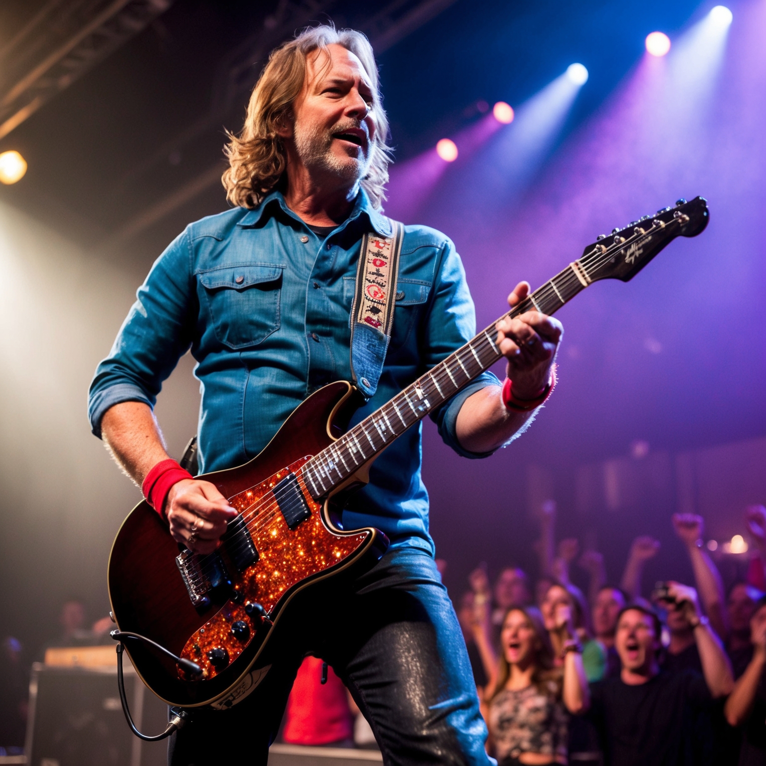 A portrait of Stone Gossard playing guitar during a live Pearl Jam concert, with dynamic lighting and an energetic crowd in the background. The atmosphere should evoke the raw power and emotion of a grunge rock performance in the 1990s with a focus on his unique guitar style.