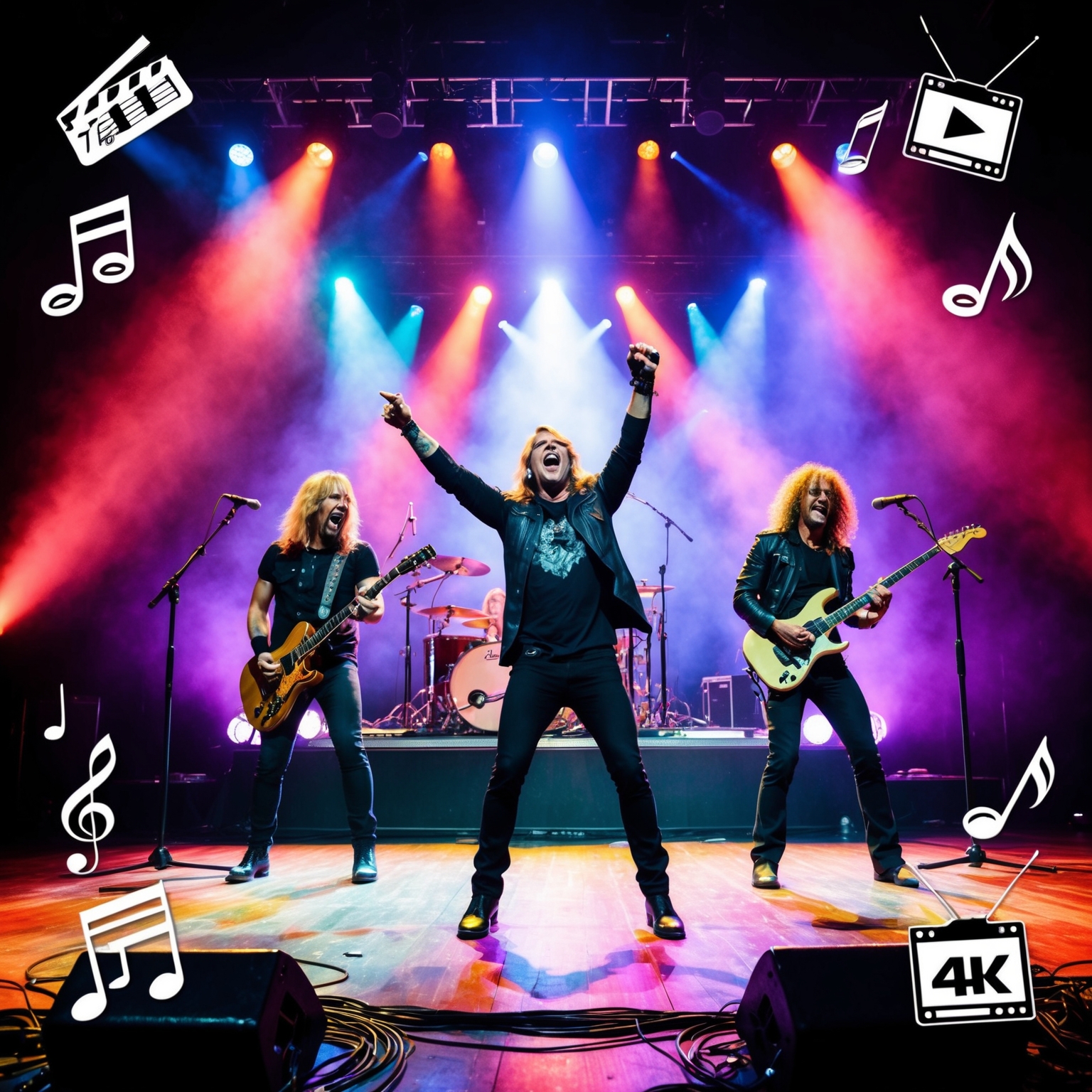 A dynamic illustration capturing the essence of a live concert performance, with a rock band on stage under colorful spotlights, guitarists and vocalist visibly energized and engaged with the audience. Include elements such as musical notes and various media symbols around the image, signifying the song